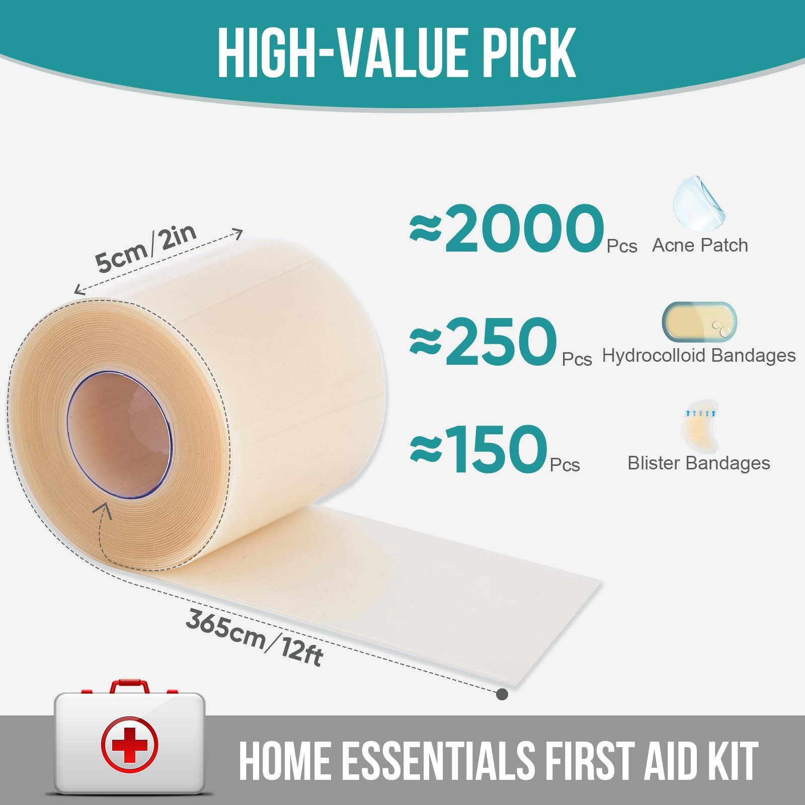 Hydrocolloid Roll for Wound Care, Patch 2in x 12ft, Transparent