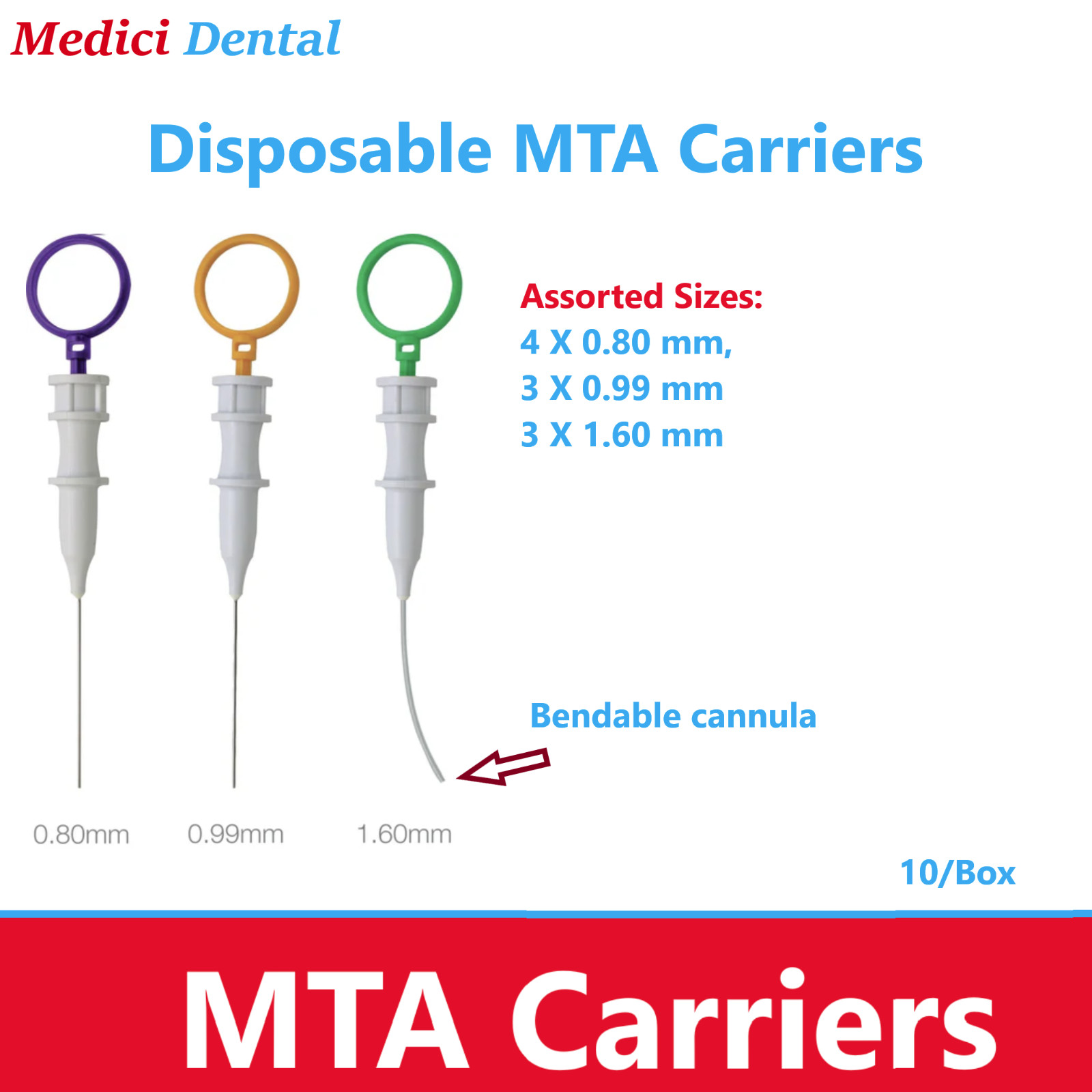 Dental Endo Apex Delivery Assorted MTA Carrier 0.80 mm, 0.99 mm, 1.60 mm, 10Bx
