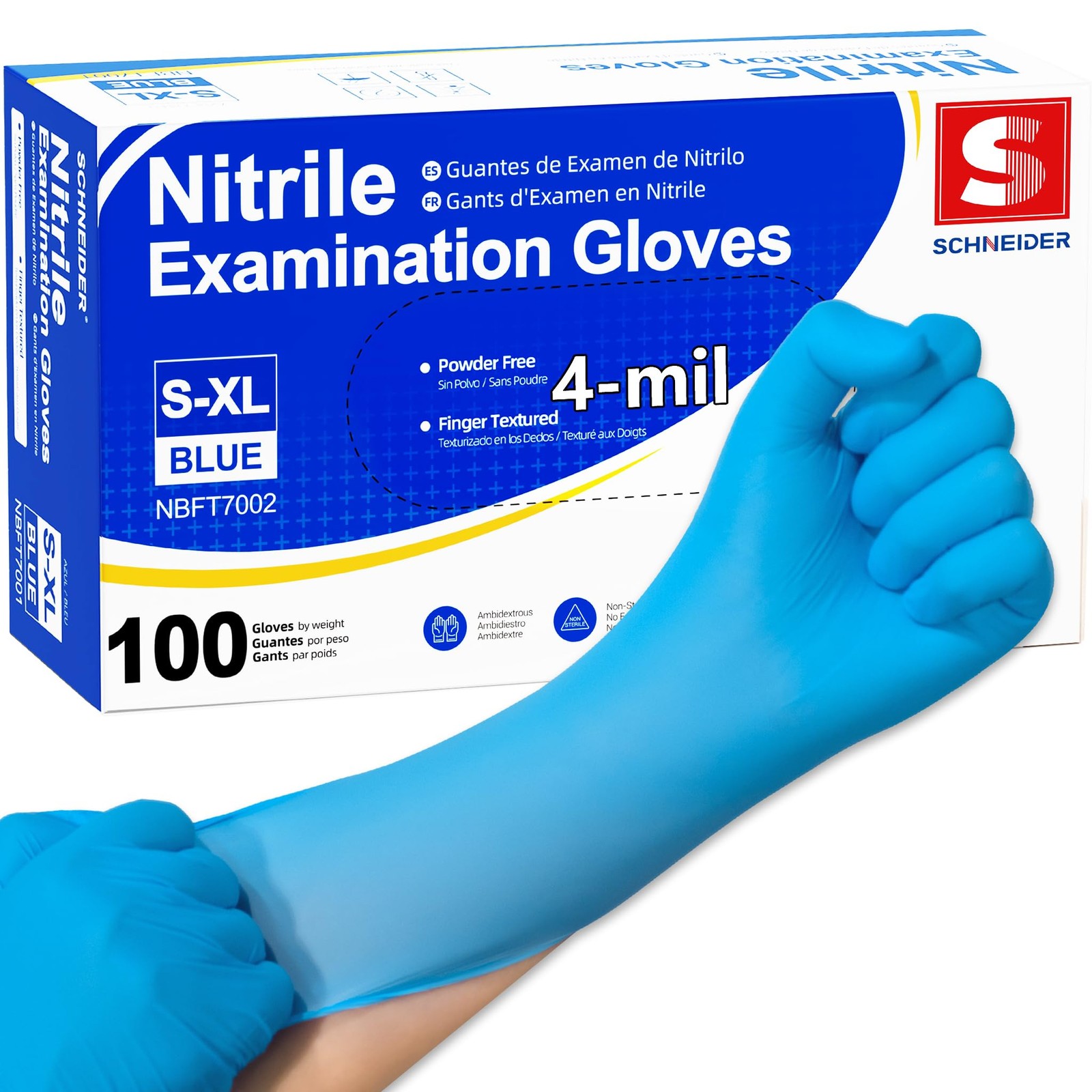 Schneider Mdeical Nitrile Exam Gloves, 4 mil, Powder-Free, X-Large, Blue