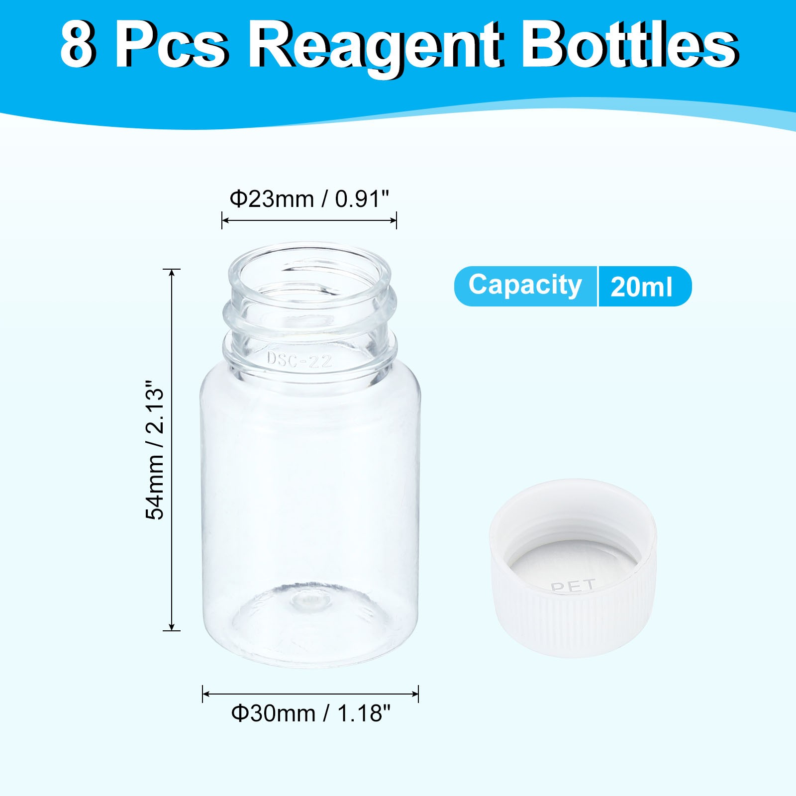 8 Pcs 20ml Reagent Bottles, PET Small Mouth Round Bottles Translucent White