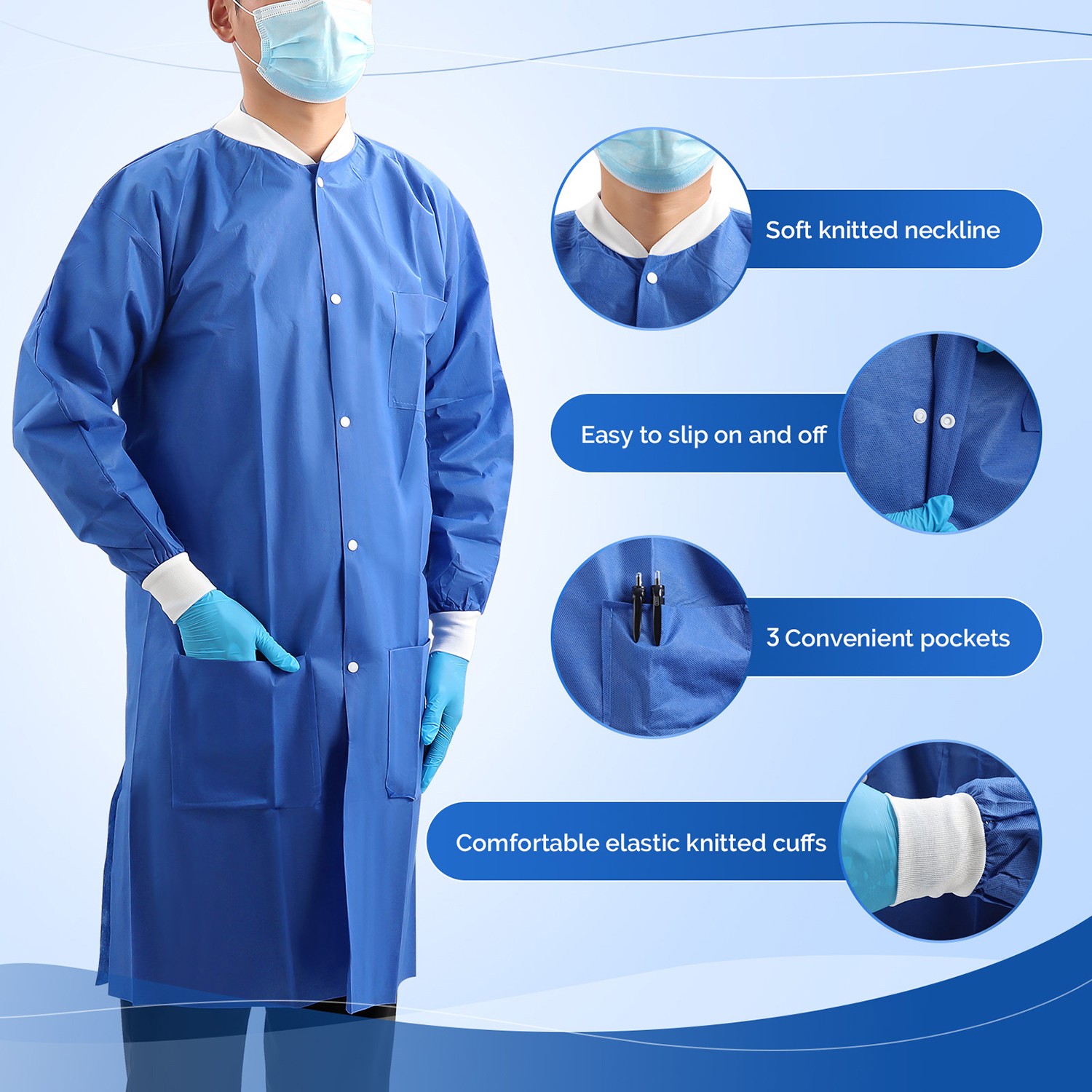 10 Blue Disposable Isolation Gowns Knee Length Knitted Cuffs with 3 Pockets