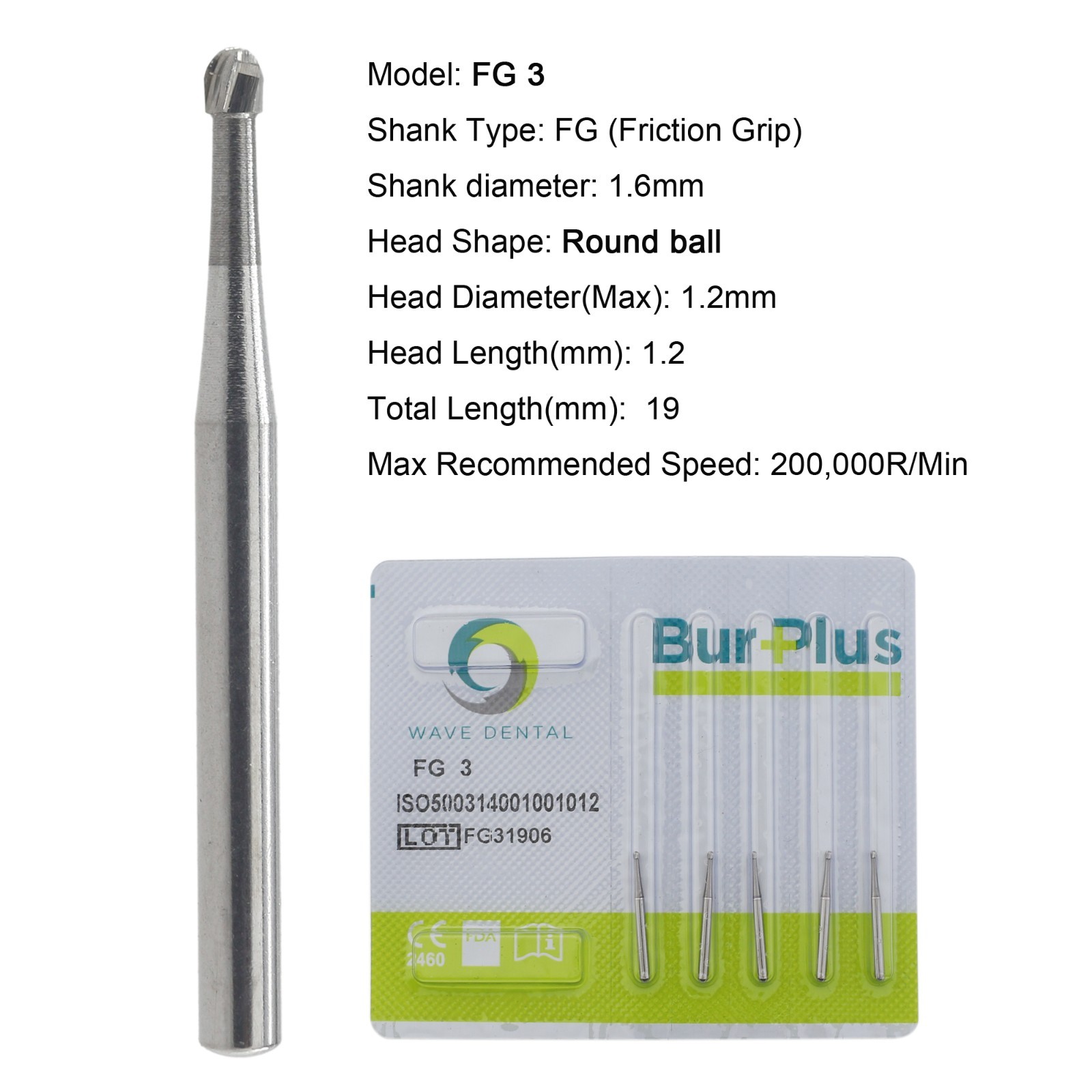 WAVE Dental Carbide Burs Round Ball Bur FG 3 19mm Friction Grip for High Speed