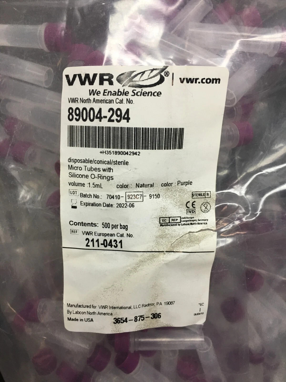 VWR Cat No 89004-294 Micro Tubes Volume 1.5mL Natural