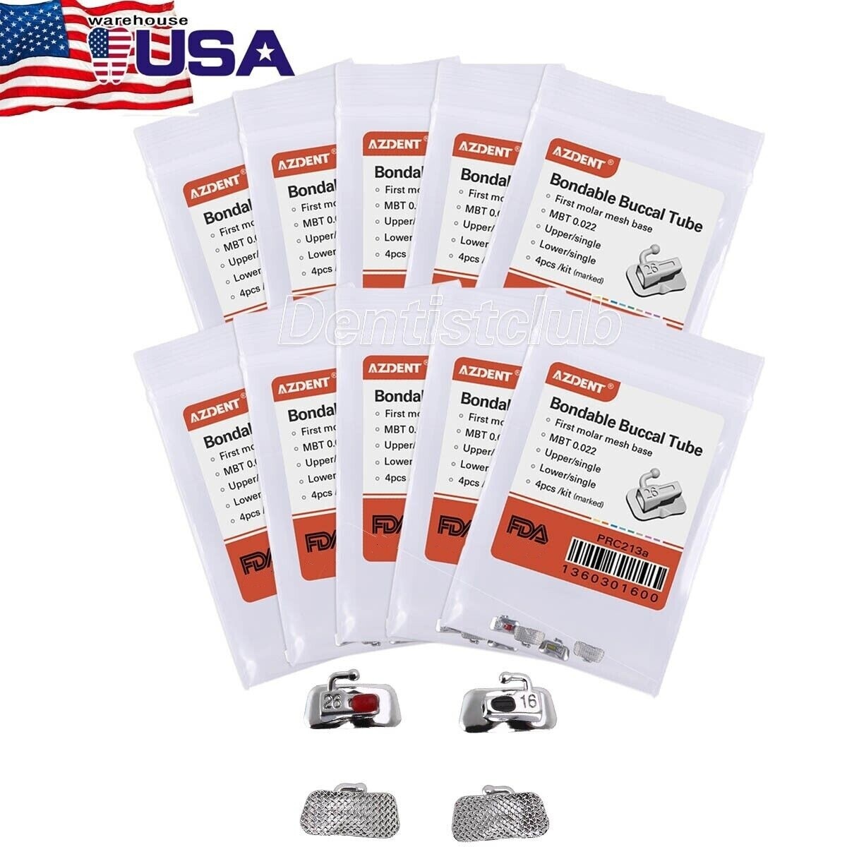 10X AZDENT Dental Orthodontic Buccal Tubes 1st Molar Non-Convertible Bondable