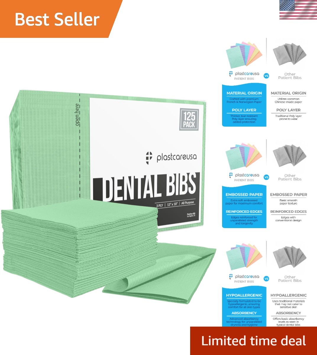 Waterproof 3-Ply Disposable Dental Bibs 13×18 – 125 Pack in Green, Allergen-Free