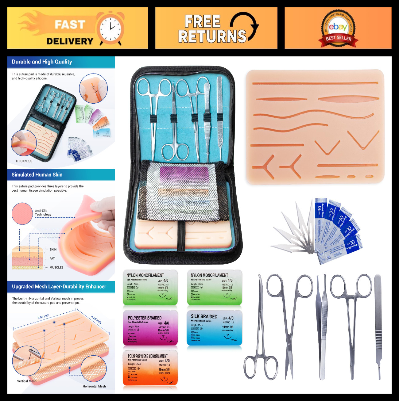 Suture Practice Kit for Medical Students – Complete Set with Suturing Pad, Tools