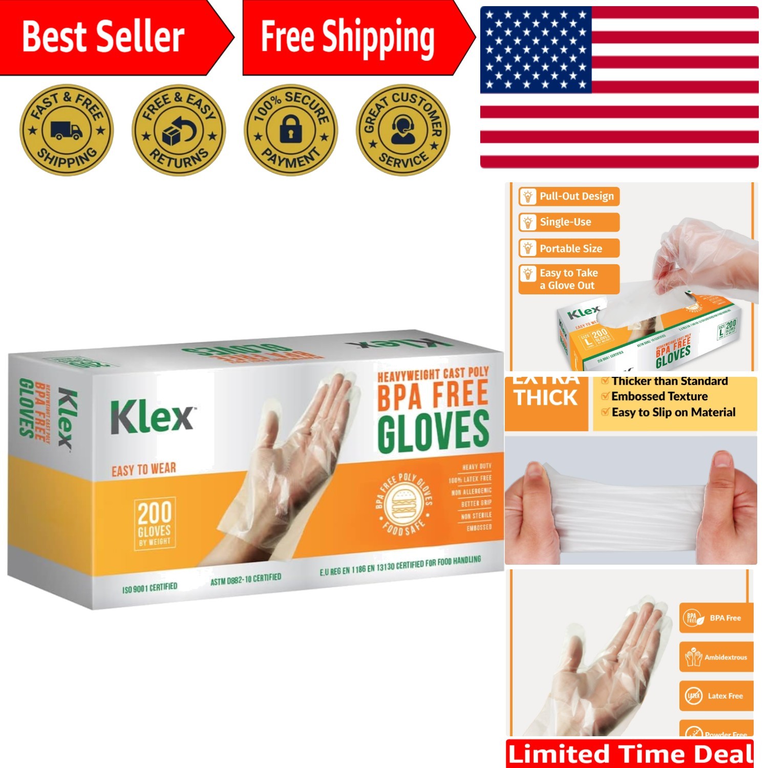 Latex & Powder Free Disposable Gloves – 200 Heavyweight CPE Gloves, Large Size