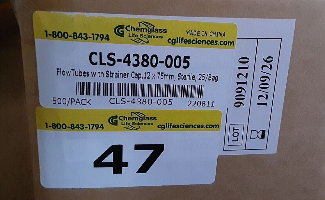 ChemGlass 5mL Flow tubes /stainer Cap /12x75mm/ (100 sealed)CLS-4380-005 EXP 26