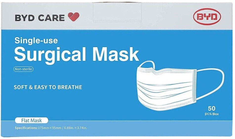 40 Boxes, BYD CARE Surgical Face Flat Mask Disposable Single Use 2000 pcs .