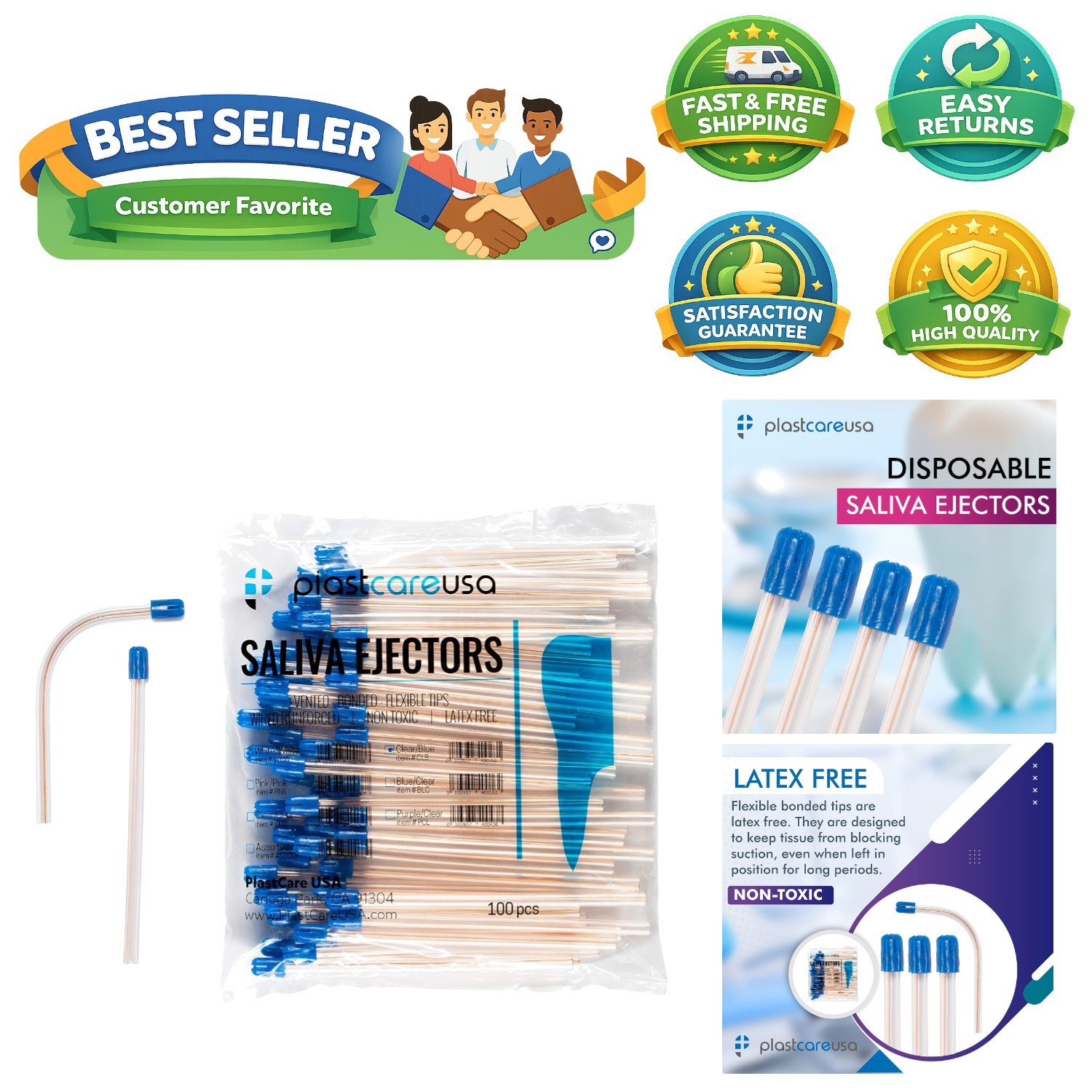 Flexible Dental Saliva Ejectors with Non-Removable Tips – 100 Pack, Latex Free