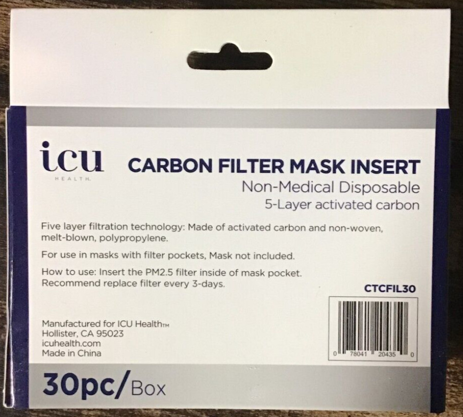 ICU Health 5-Layer Carbon Filter Face Mask Insert – 30ct – NEW