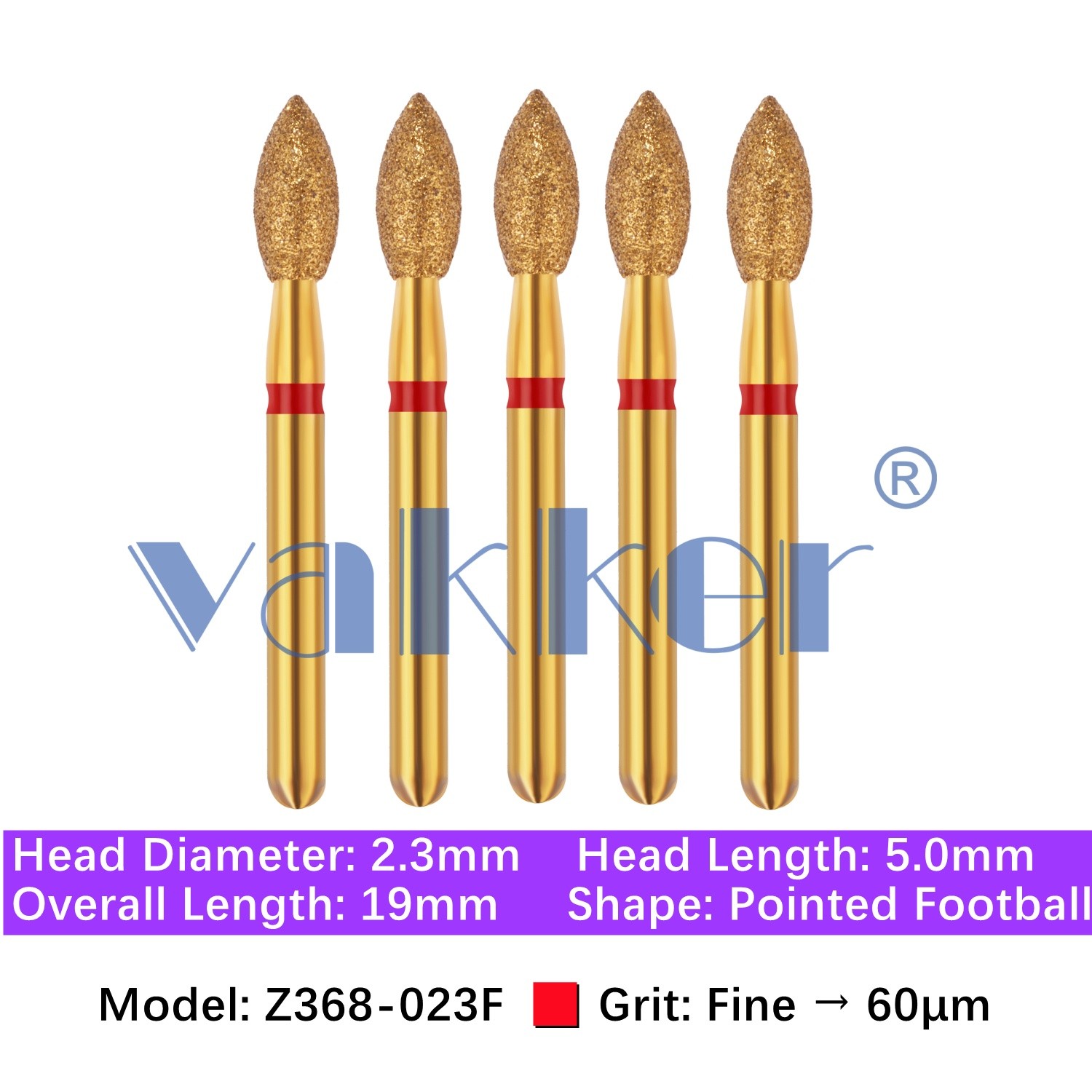 Vakker 5pc Dental Zirconica Diamond Burs Z368-023F Fine Pointed Football