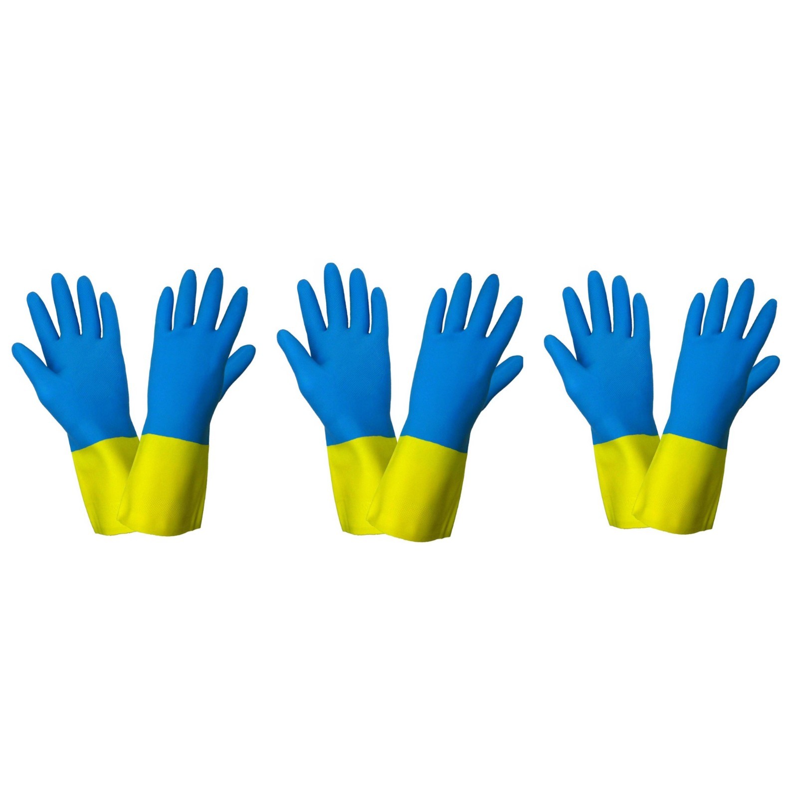 3 Pairs Global Glove 244 Blue Neoprene, Yellow Latex Gloves, Chemical Resist