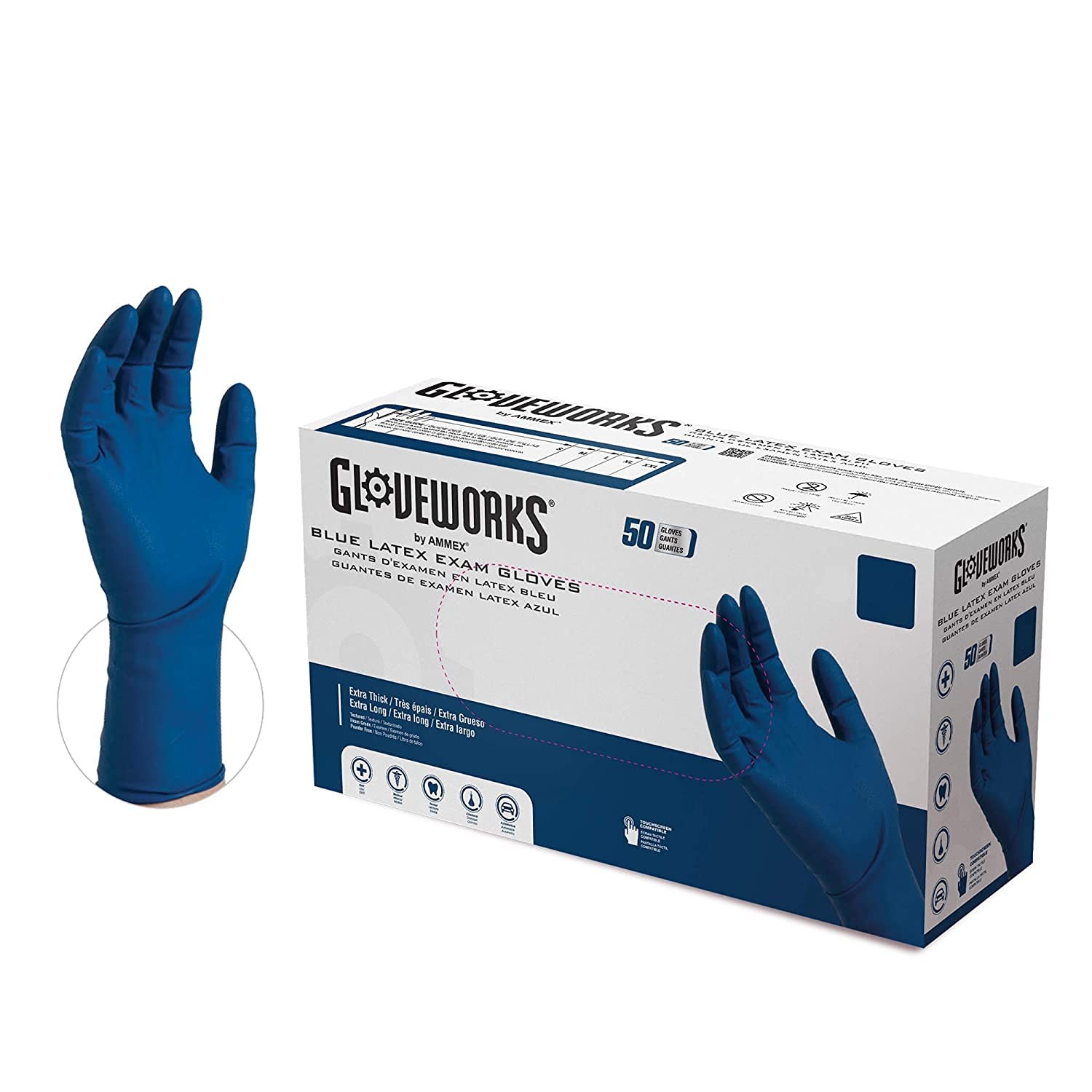 GlovePlus HD Medical Blue Latex Gloves XL, 13 mil, Powder Free, 50 Count