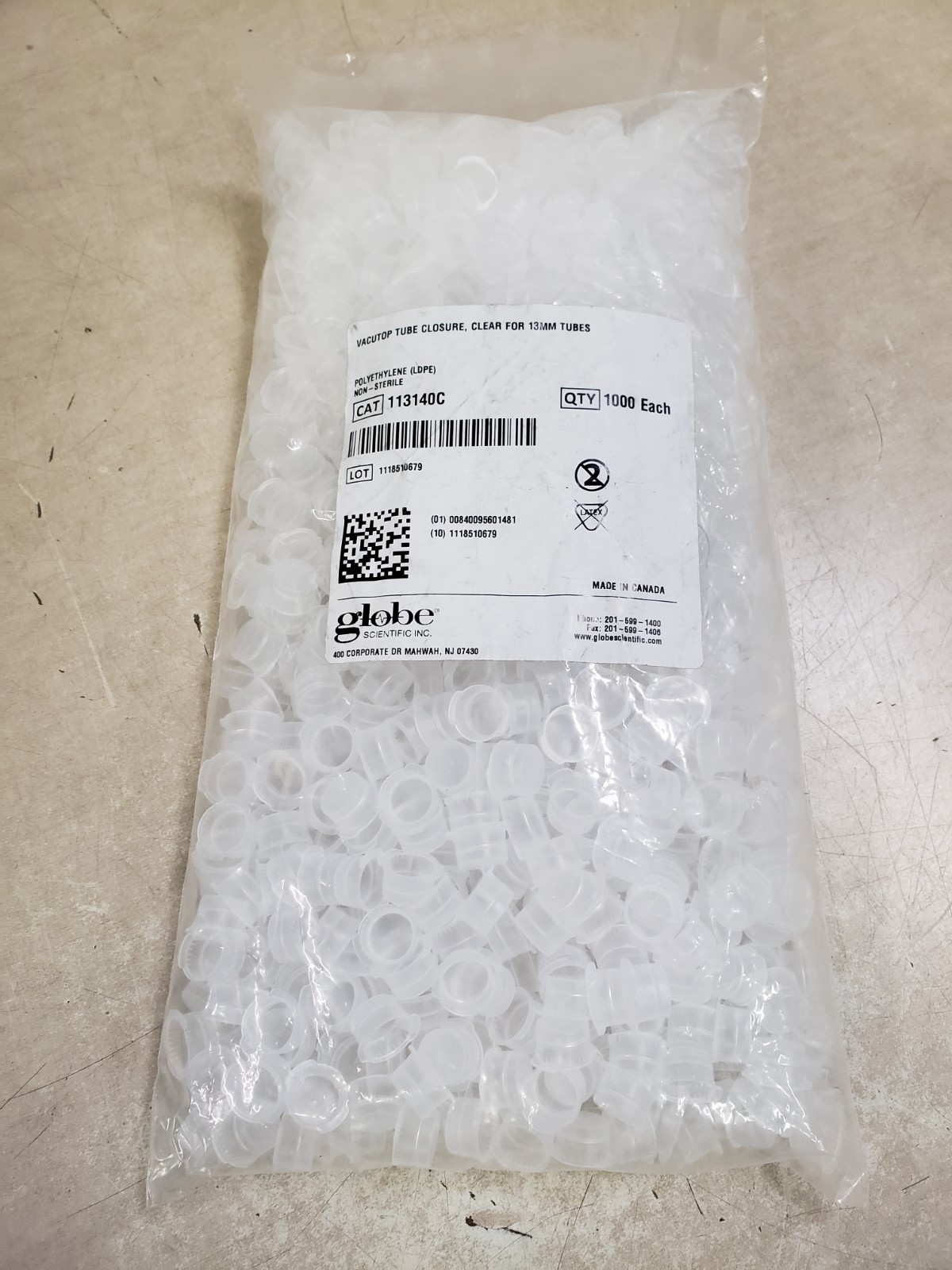 Lot of 1000 – Globe Scientific 113140C Polyethylene Snap Cap 13mm Vacutop