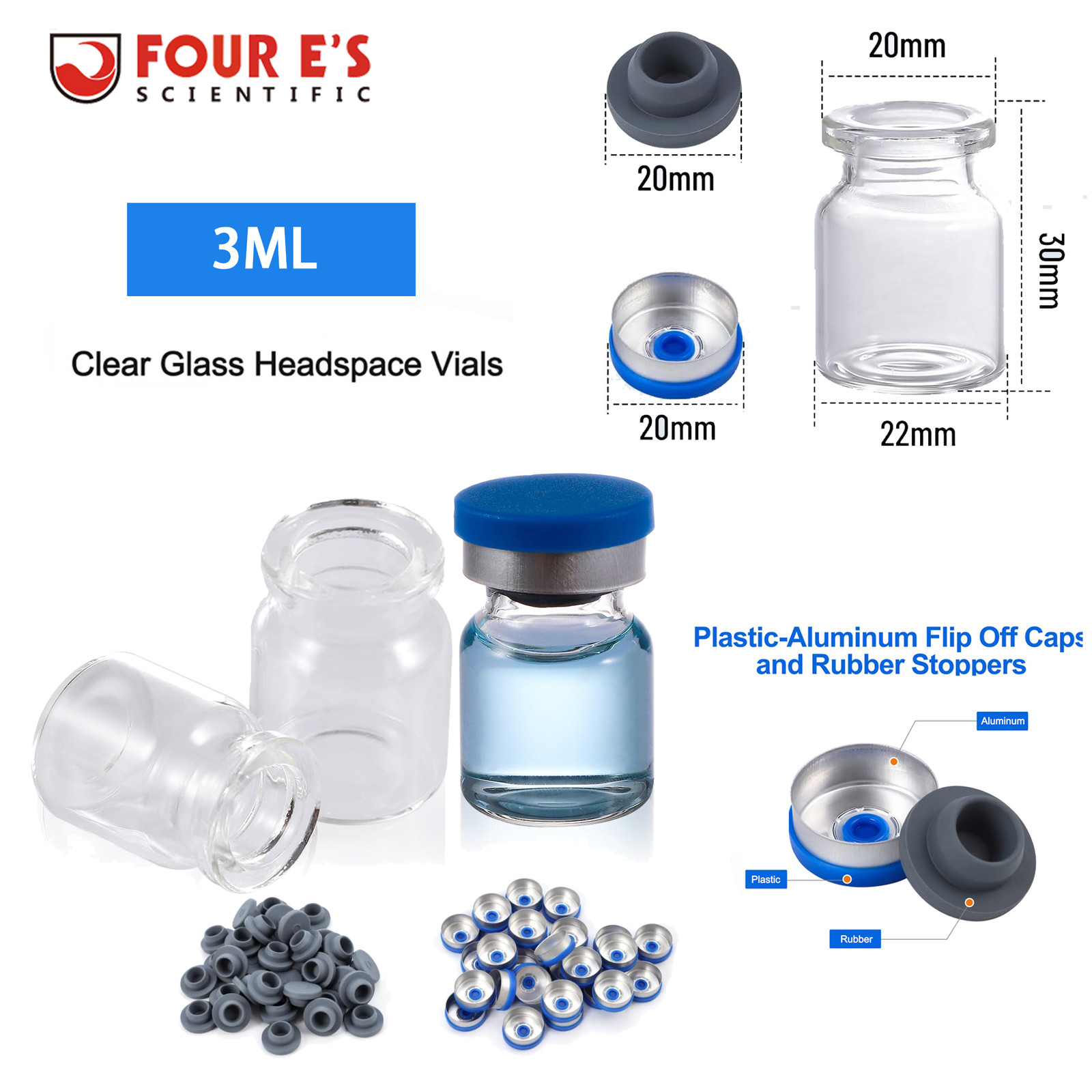 100PCS 3ml Glass Vials Headspace Vials Lab Vial w/Cap 20mm Crimp Top Clear Vials