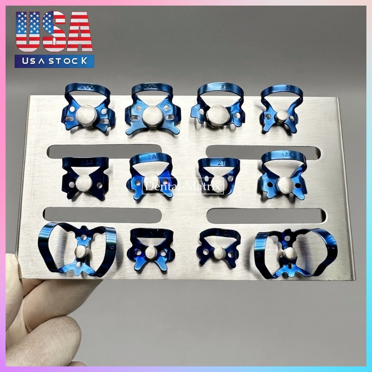 12Pc Endodontic Rubber Dam Clamp Blue Dental Instruments With Sliver Tray Kit US