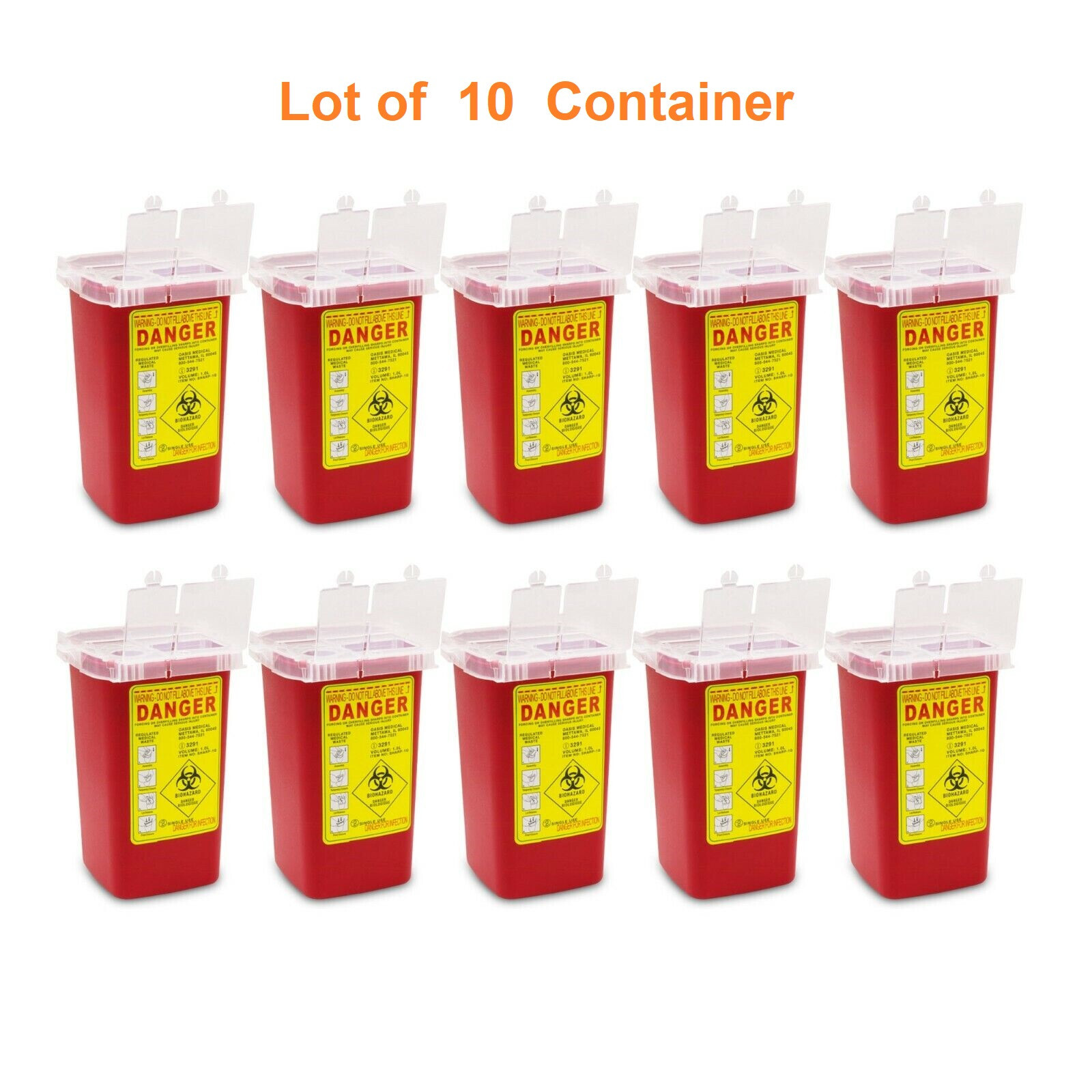 Sharps Container, 1 Quart, Red Base, Pack of 10