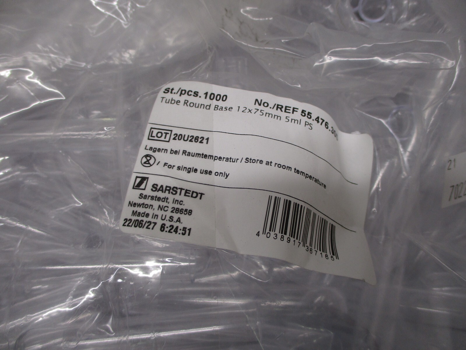 500 Sarstedt Test Tubes Round Base 75 x 13mm, 5mL PS, 55-475-305 WITH CAPS