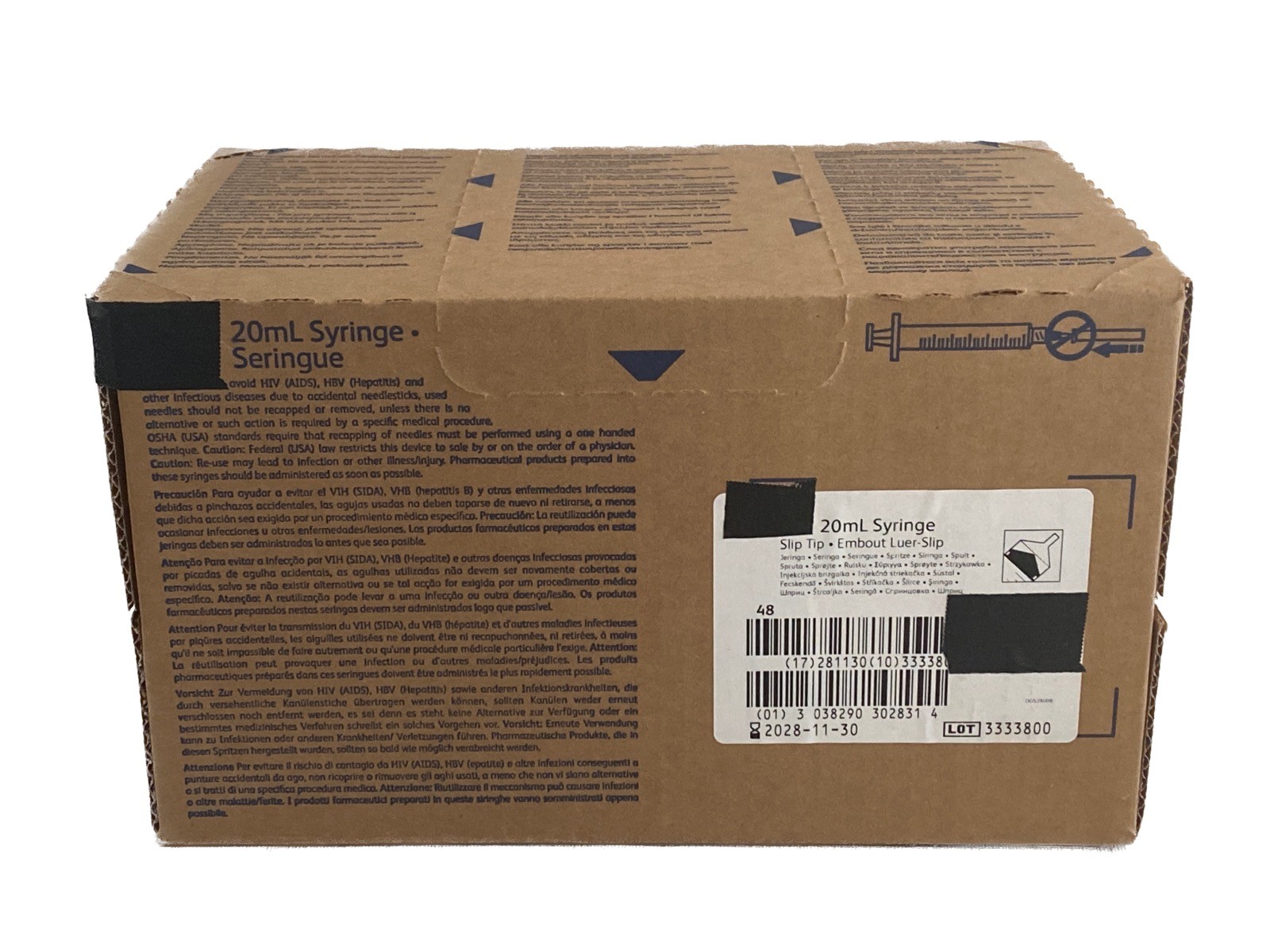 (48/Pk) Laboratory 20mL Plastic Disposable General Use Syringes w/ Luer Slip Tip