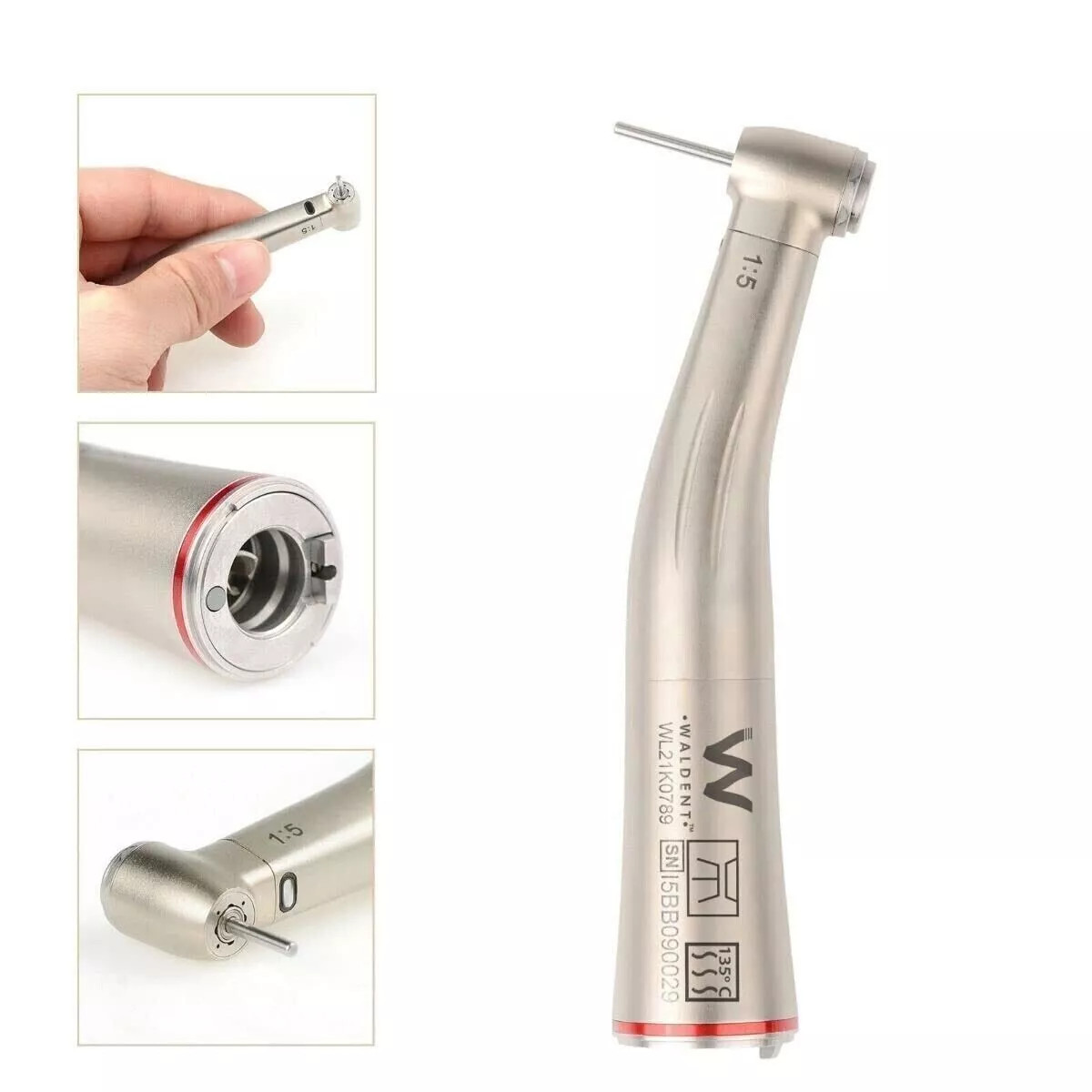 Waldent Increasing Fiber Optic Push Button Contra Angle 1:5 Red Ring Handpiece.