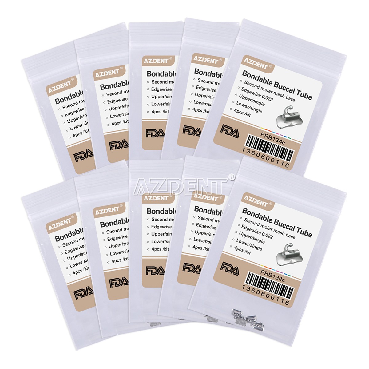 10X AZDENT Dental Orthodontic Bondable Buccal Tube 2nd Molar Edgwise 022 Non-Con