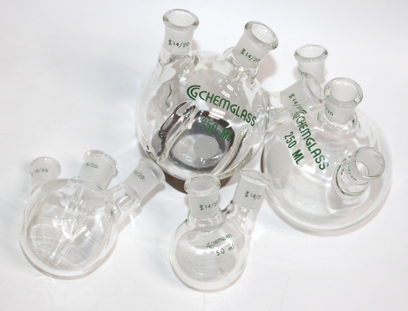 2 x Chemglass 250 mL heavy-wall, 3-Neck Round Bottom Flasks, 1 x 100 ml , 1 x 50