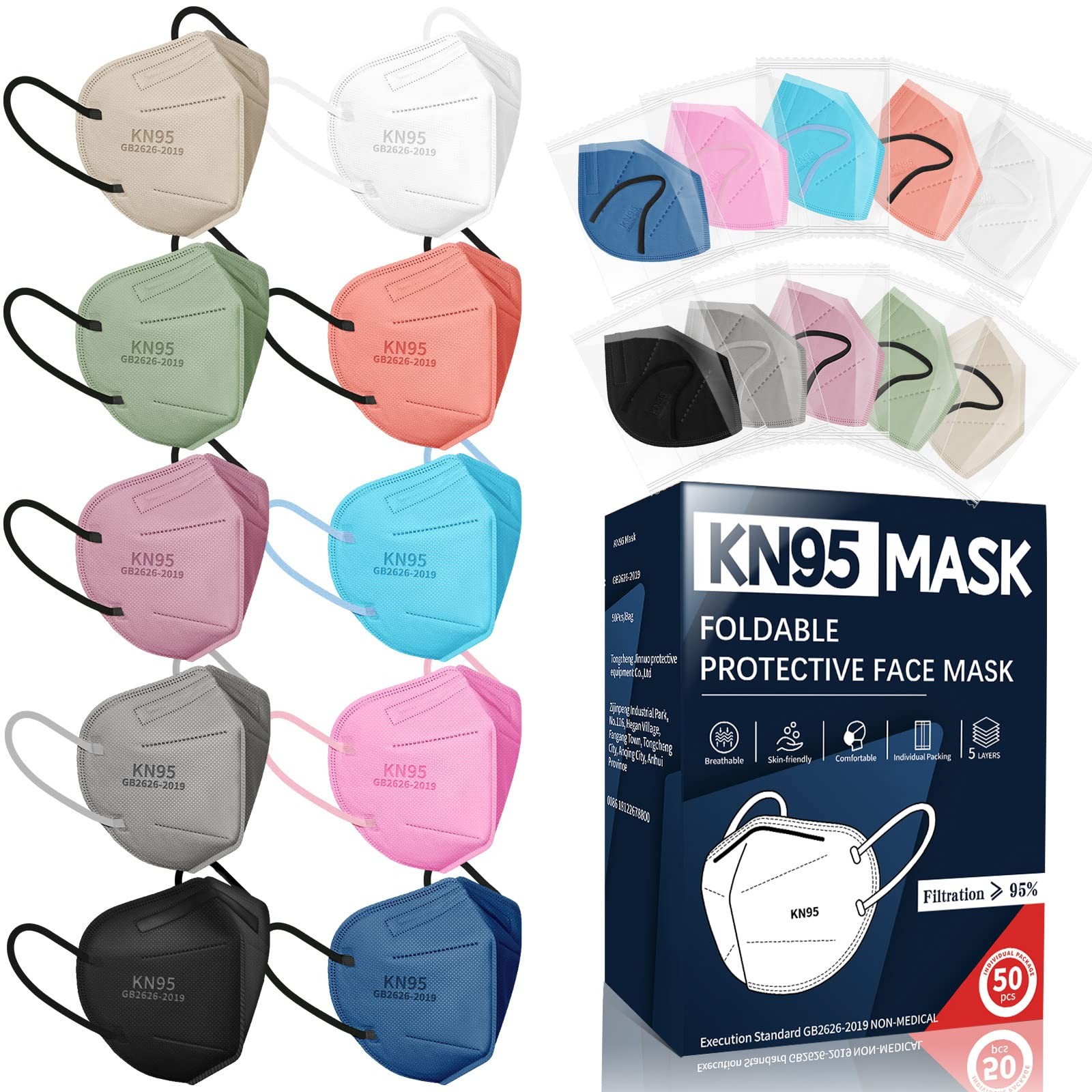 KN95 Masks for Adults, 50 Pack 10 Colors Disposable KN95 Masks, 5 Layer Breat…