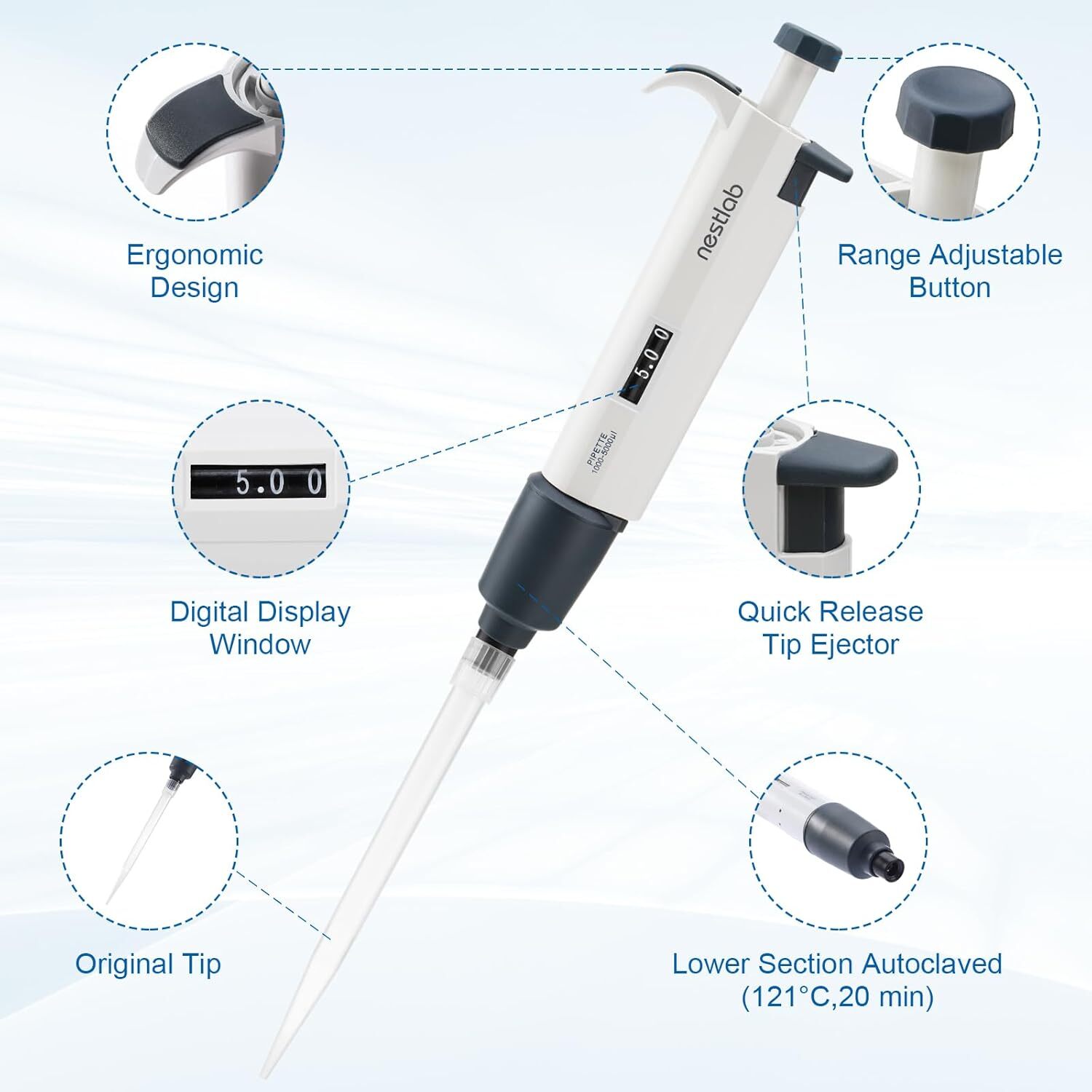 5Pcs Adjustable Volume Pipette Lab Single Channel Micropipette High Precision US