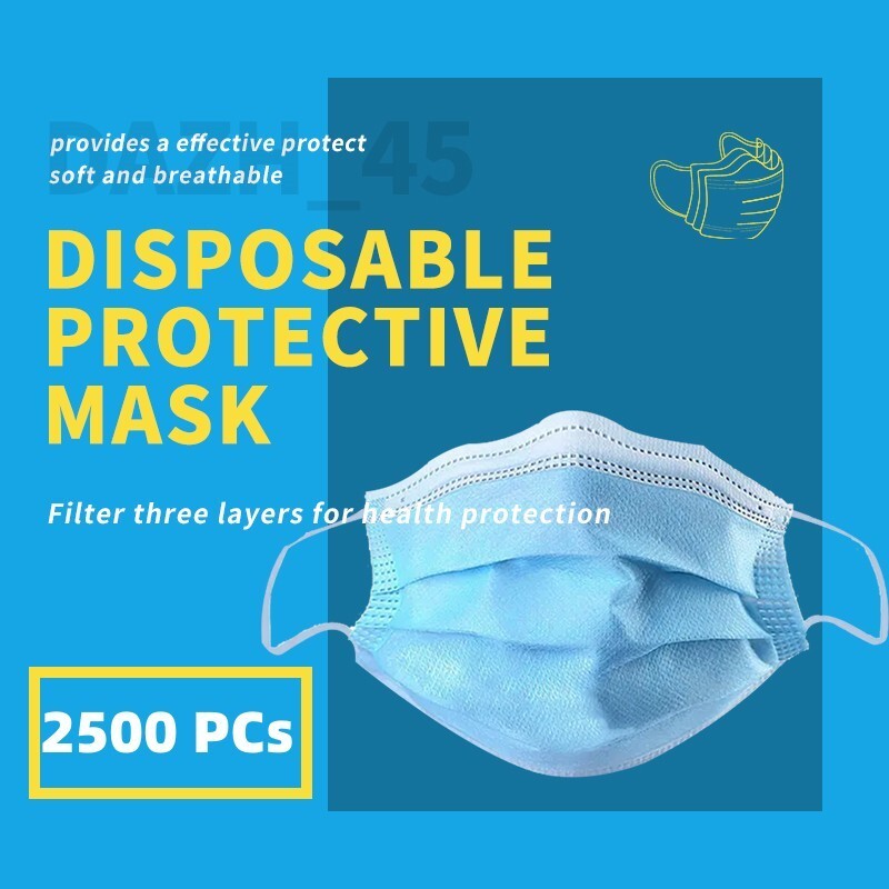 2500PCS Disposable Blue 3Ply Safety Face Mask with Earloop for Personal Health