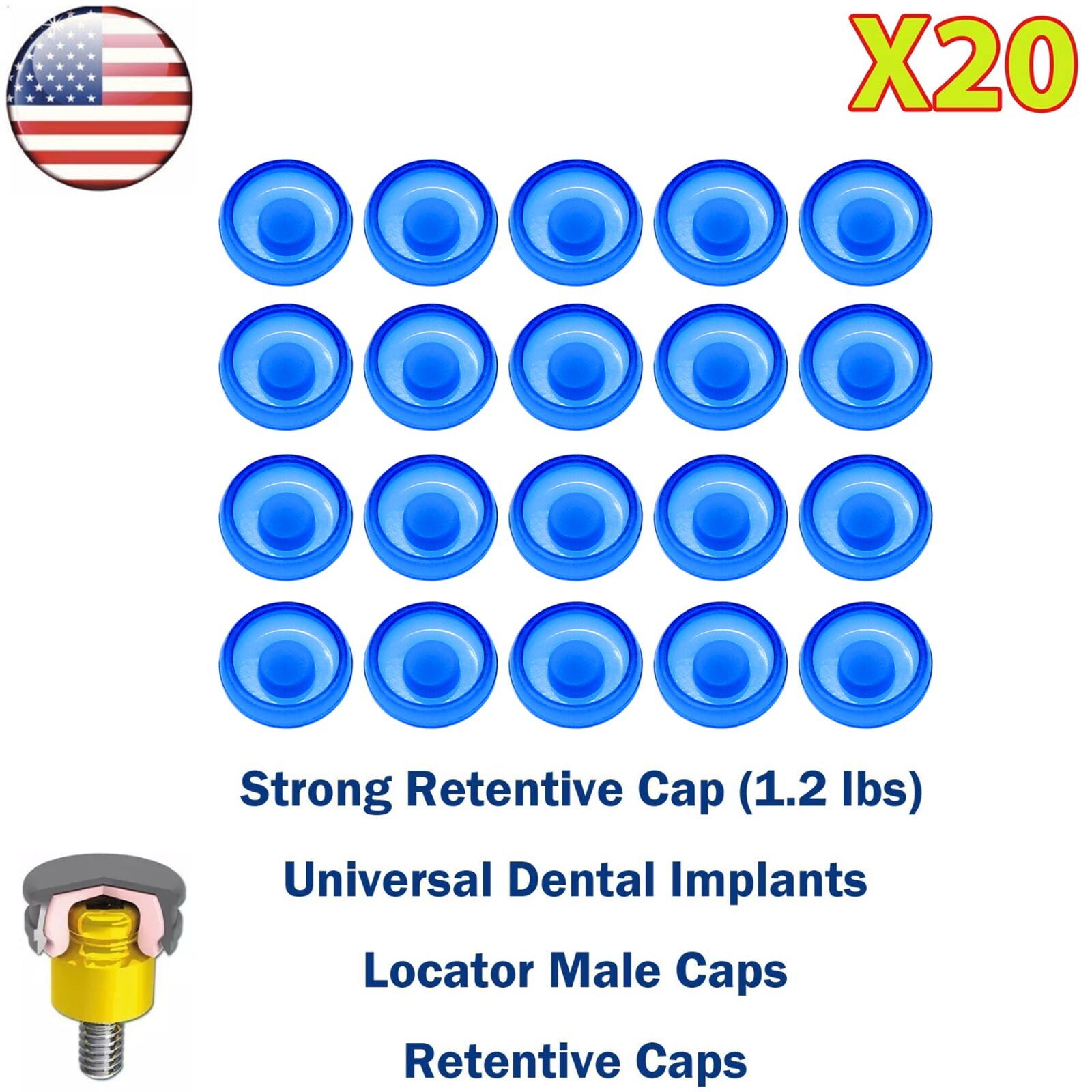 US 20Pcs Dental Overdenture Mini Implants Locator Retentive Caps 1.2/2.4lbs