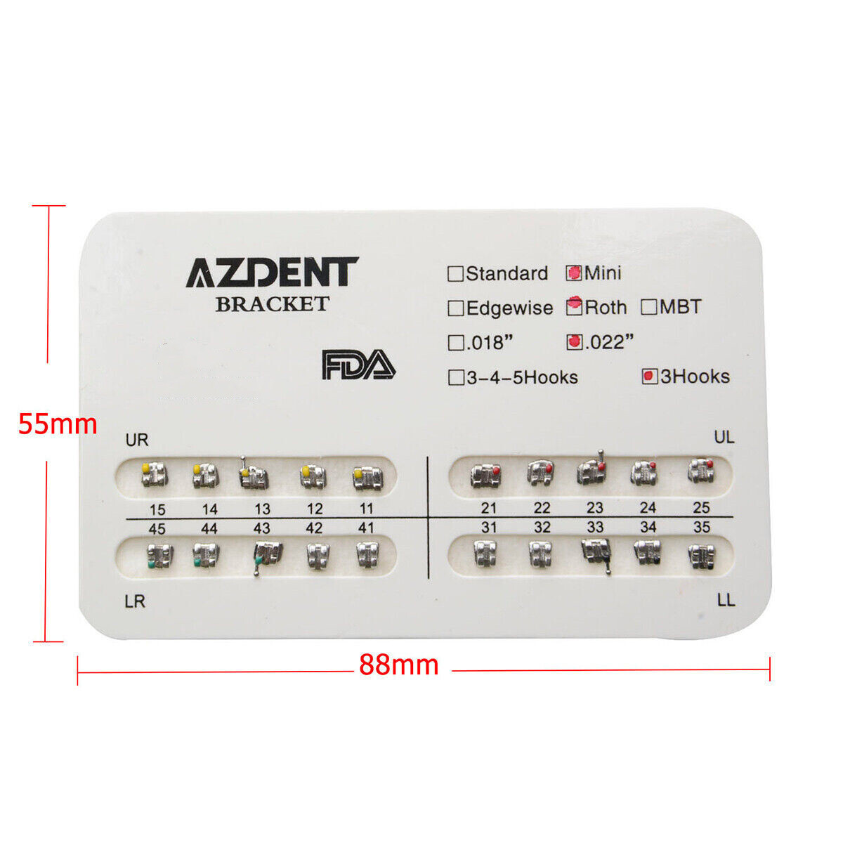 AZDENT Orthodontic Dental Brackets Braces Mini Roth Slot.022 Hooks 3 Metal