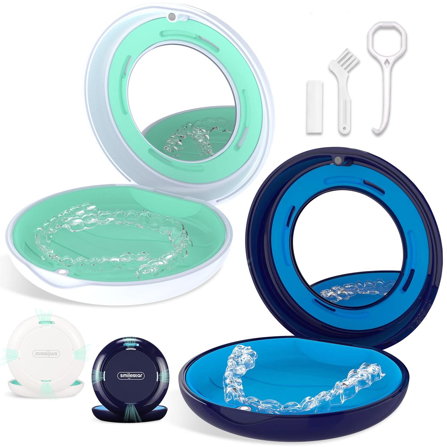 2PCS Retainer Case with Mirror and Adjustable Vent Holes, Round: White+Blue