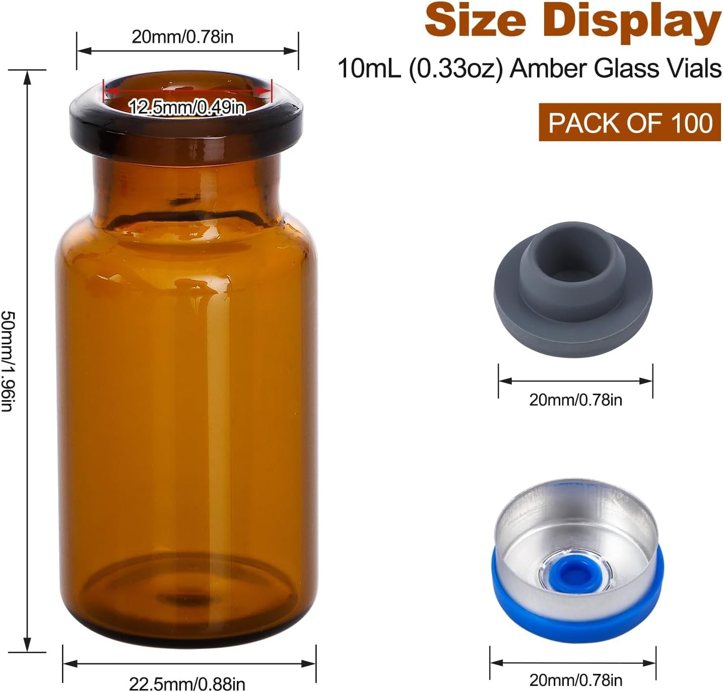 100/500/1000Pcs 10ml Lab Sample Vials Amber Glass Vials with Caps Headspace Vial