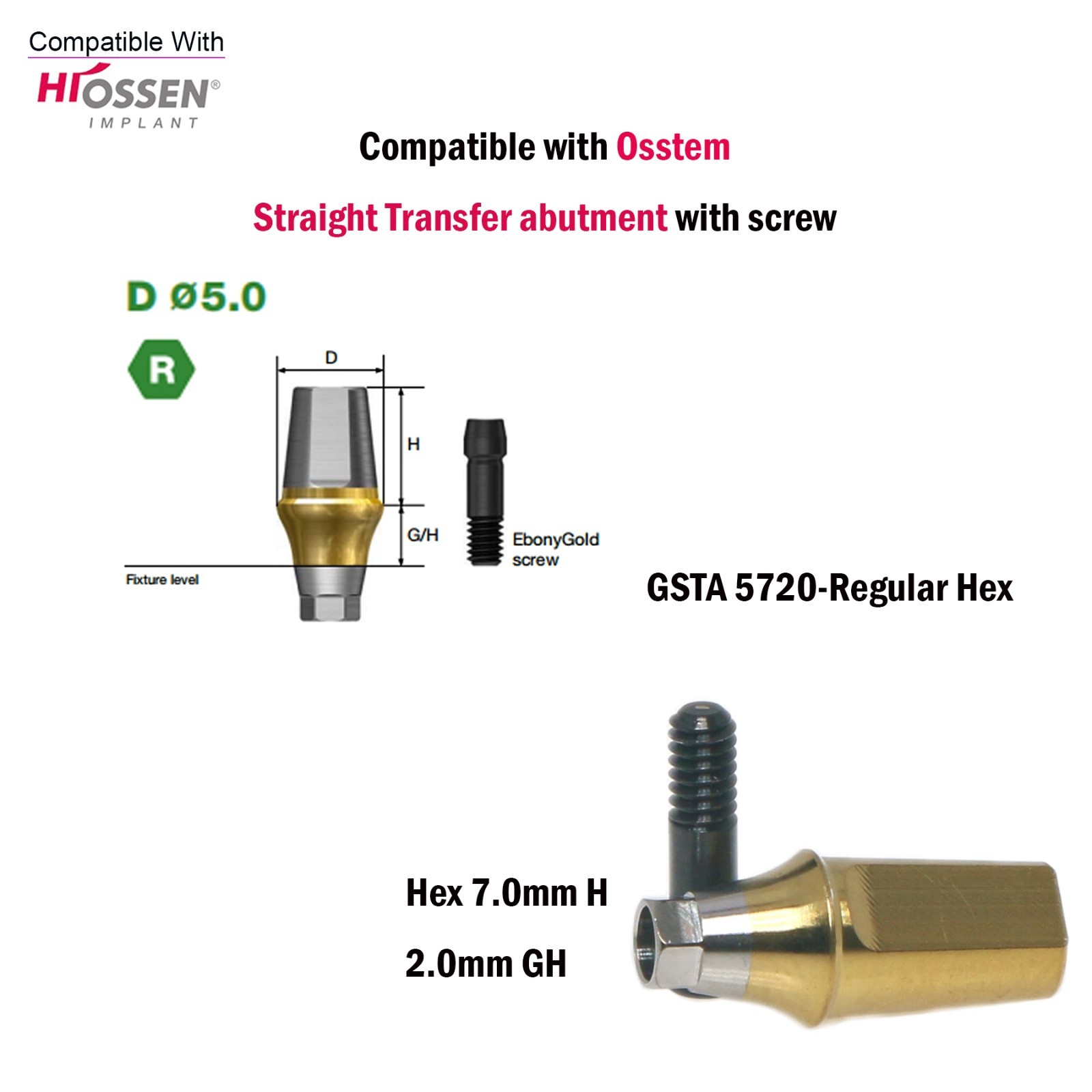 US Regular Straight Transfer Abutment Ø5.0 For Osstem Hiossen Hex 7.0mm Implants