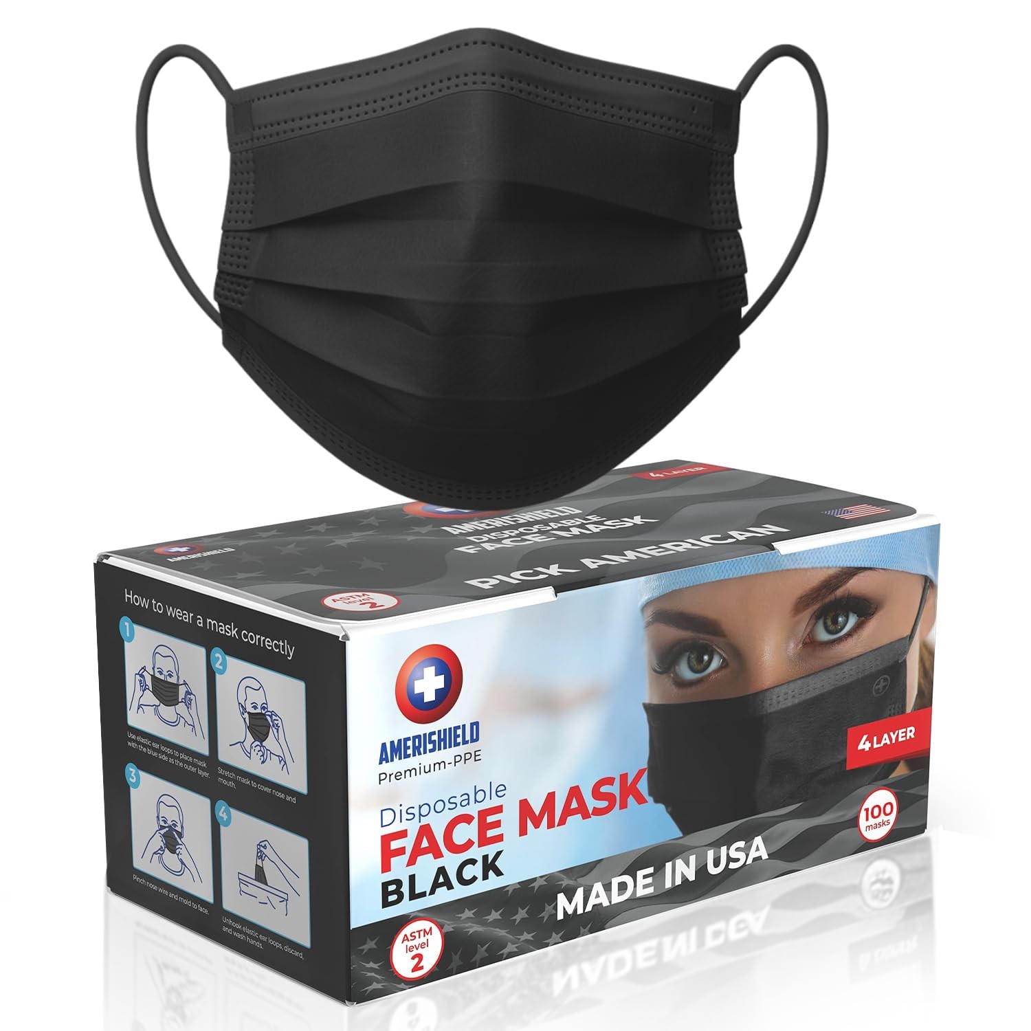Amerishield ASTM Level 2, Made in The USA, Disposable Face Pack of 50, Black