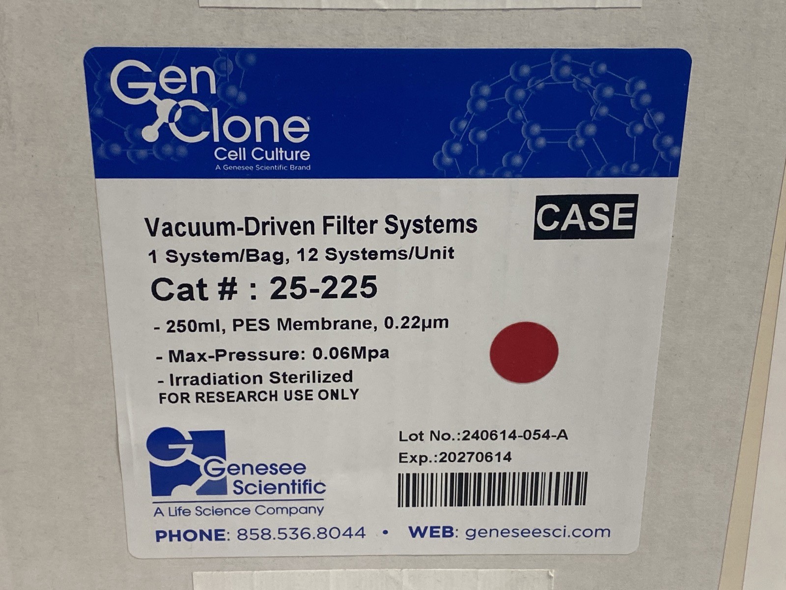 (12/Cs) GENESEE GenClone 250mL Vacuum-Driven Filter System 0.22um PES 25-225