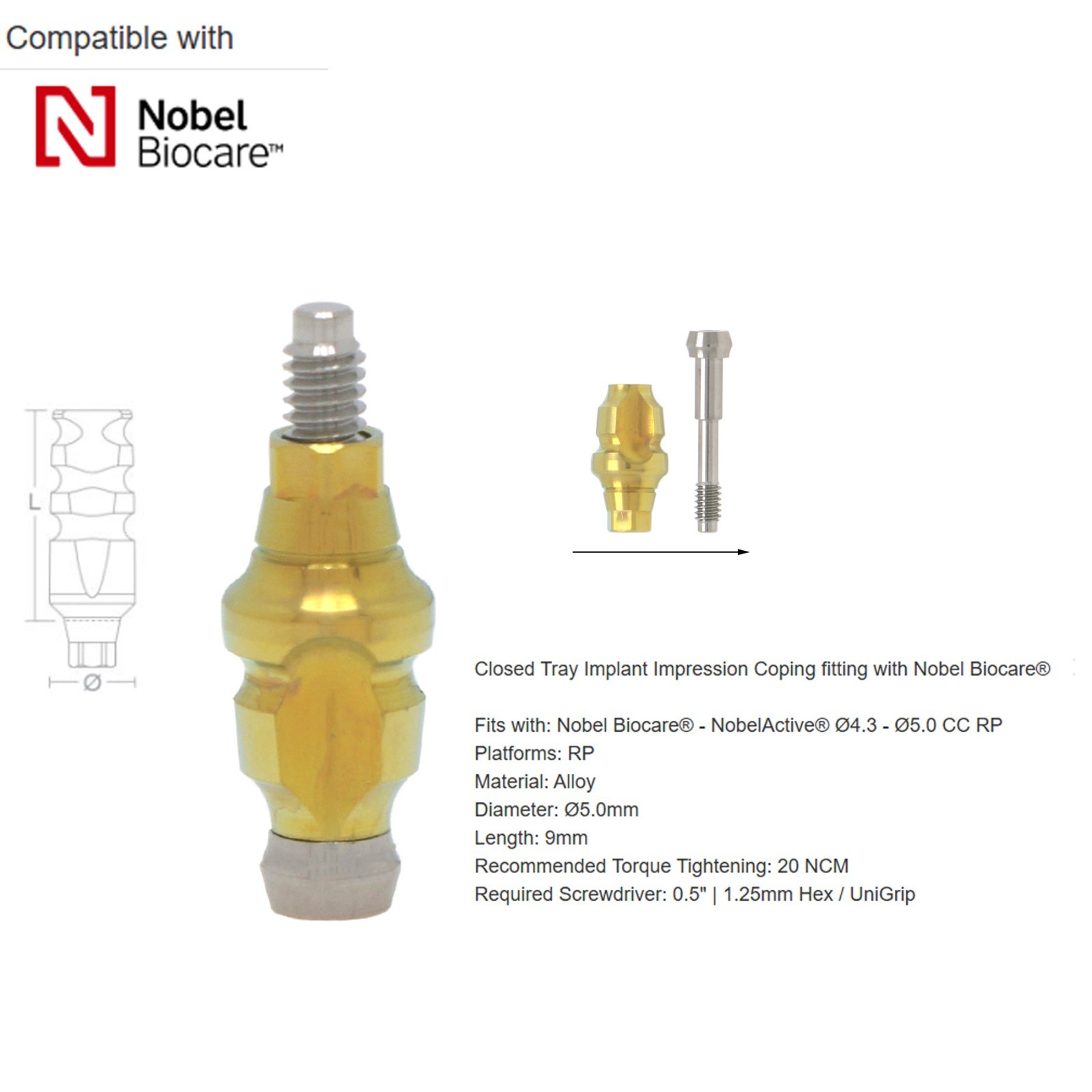 US Nobel Biocare Compatible Impression Coping Closed Tray Conical Connection RP