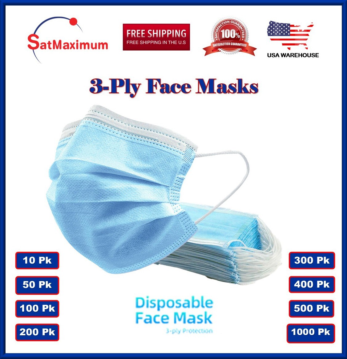 Face Mask 3-PLY Disposable Ear Loop Mouth Cover Non-Medical Multi-Pack LOT