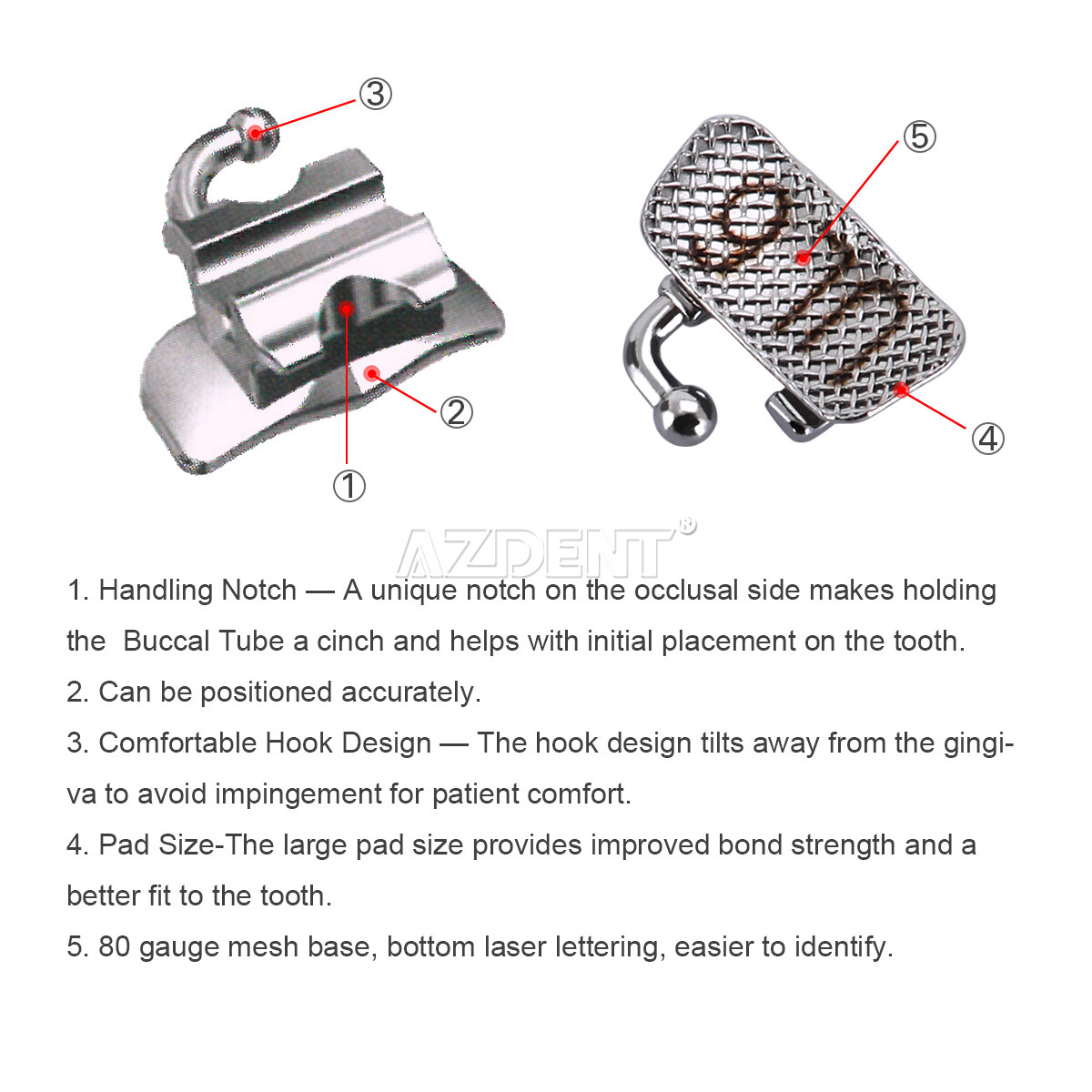 AZDENT Orthodontic Brackets Buccal Tube Dental Mini Roth Slot.022 345 Hooks
