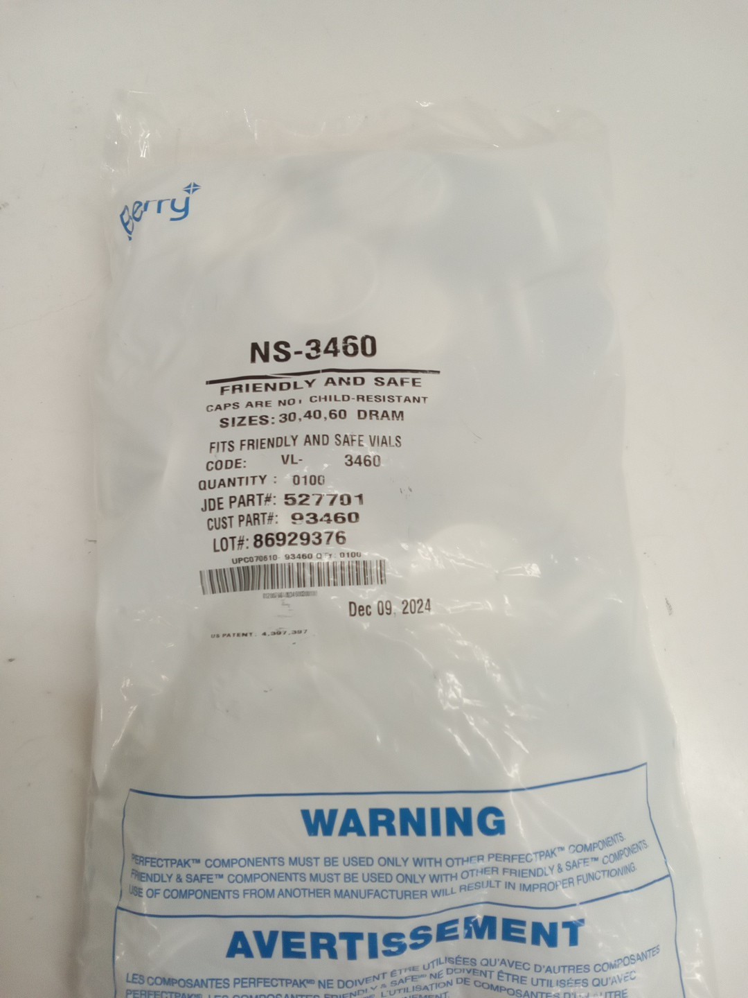 Berry NS-3460 Friendly & Safe Caps Not Child-Resistent 30,40,60 Dram White 100pk
