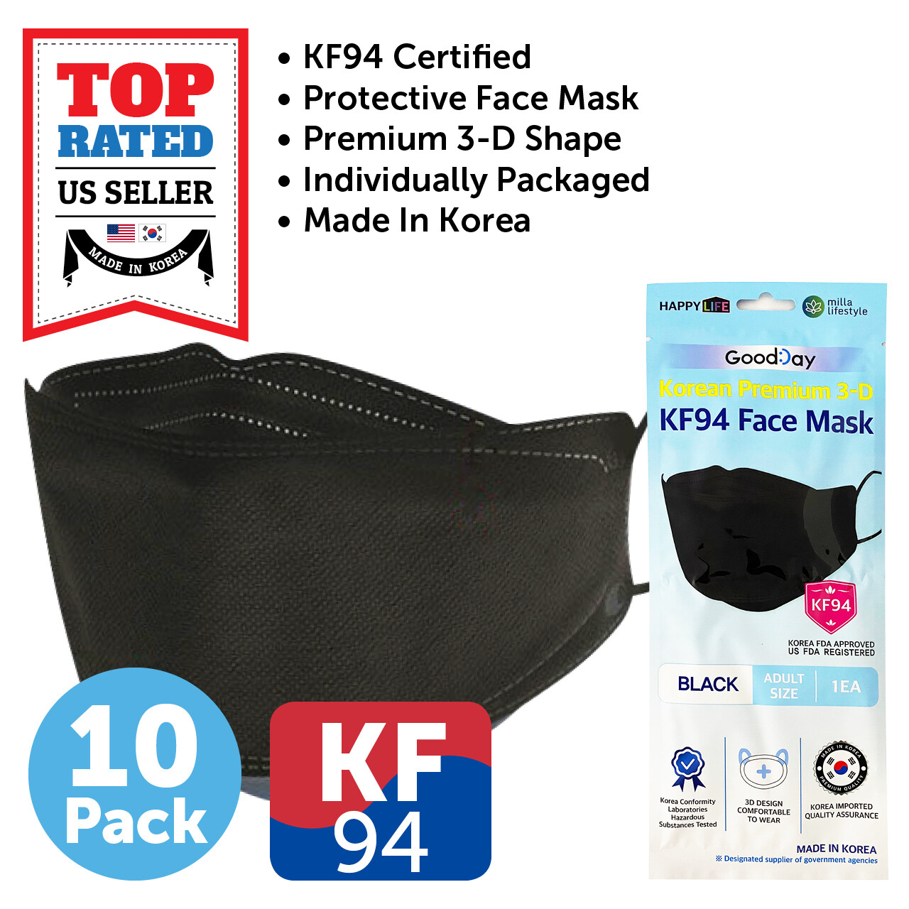 10 Pack KF94 BLACK Protective Face Mask Adult Made in Korea KFDA Approved