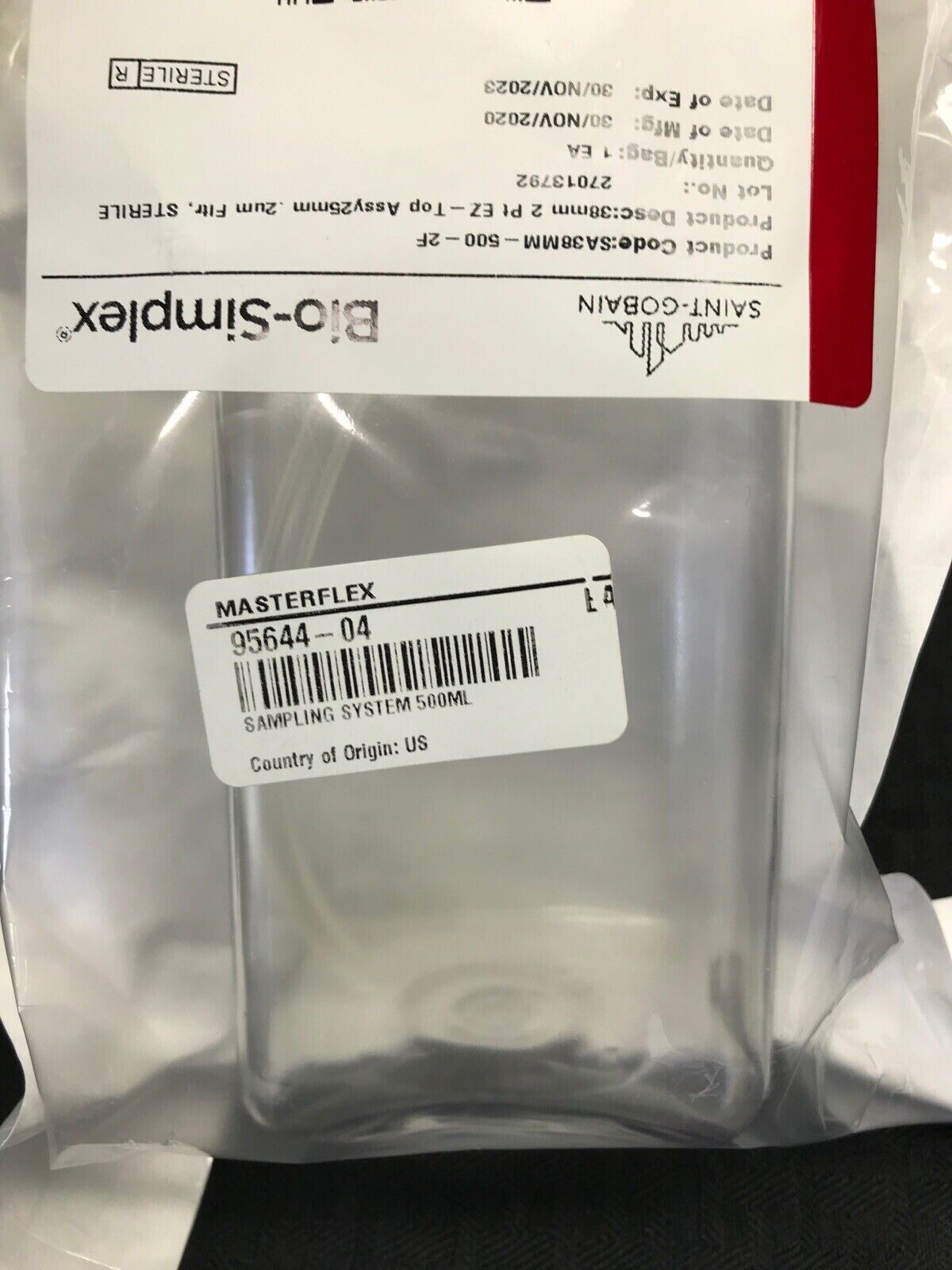 BIO-SIMPLEX 500mL PETG Media Bottle Assembly Sterile C-Flex SA38MM-500-2F-DB
