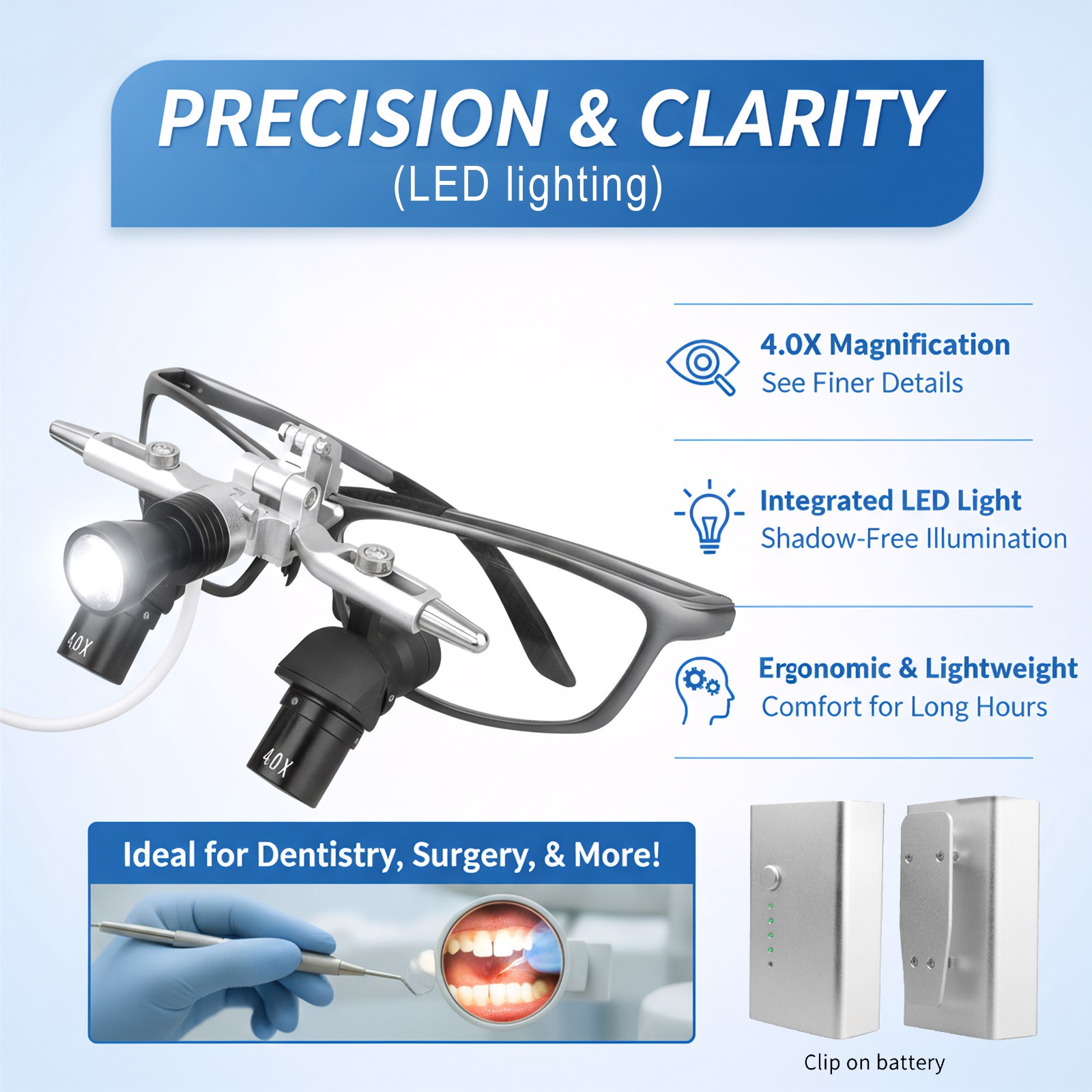 4.0X Dental Surgery Magnifier Binocular Ergo Loupe Optical Lens+5W LED Headlight