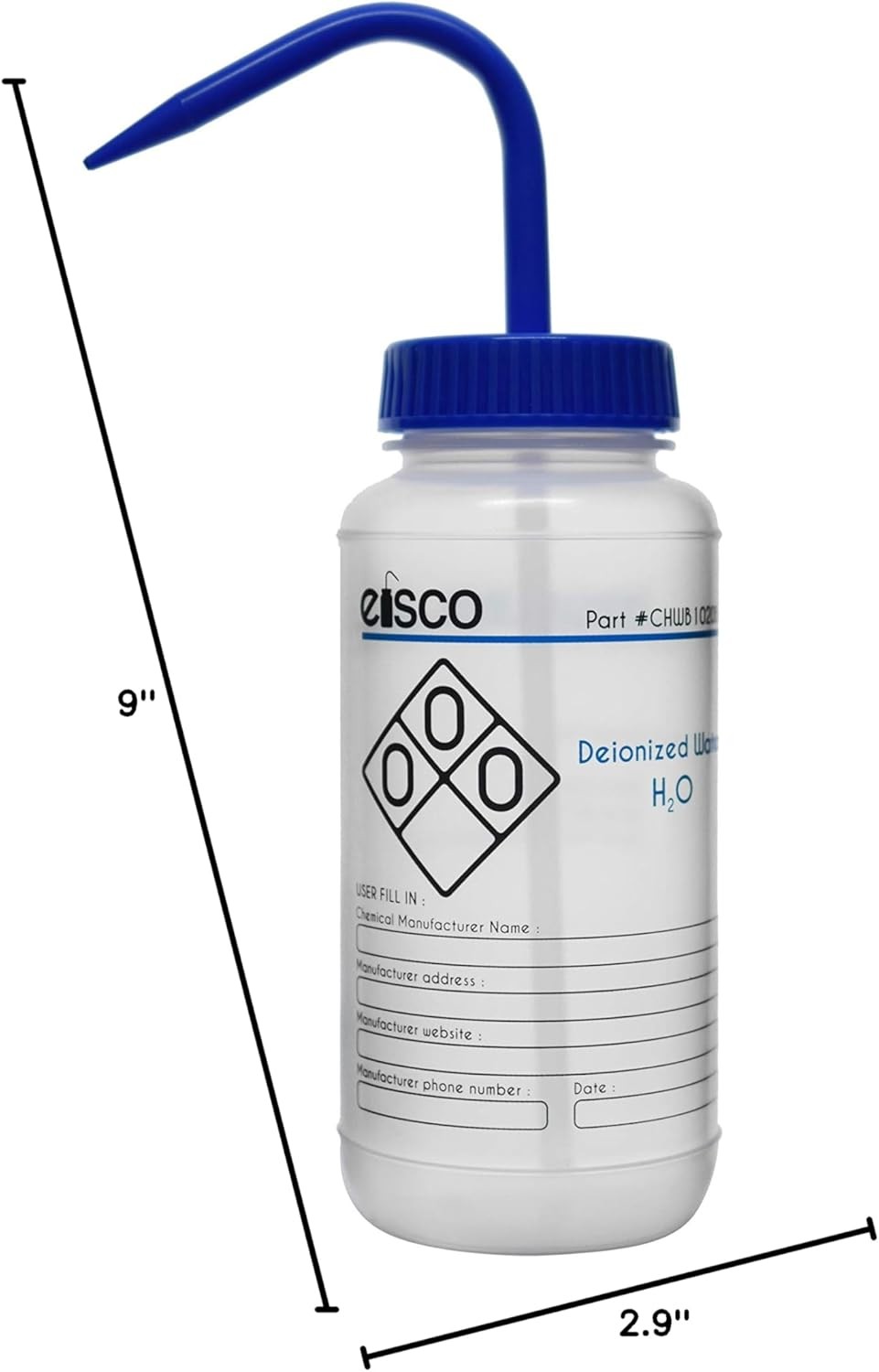 EISCO Wash Bottle for Deionized Water, 500ml – Labeled with 16.9 Ounces, Blue