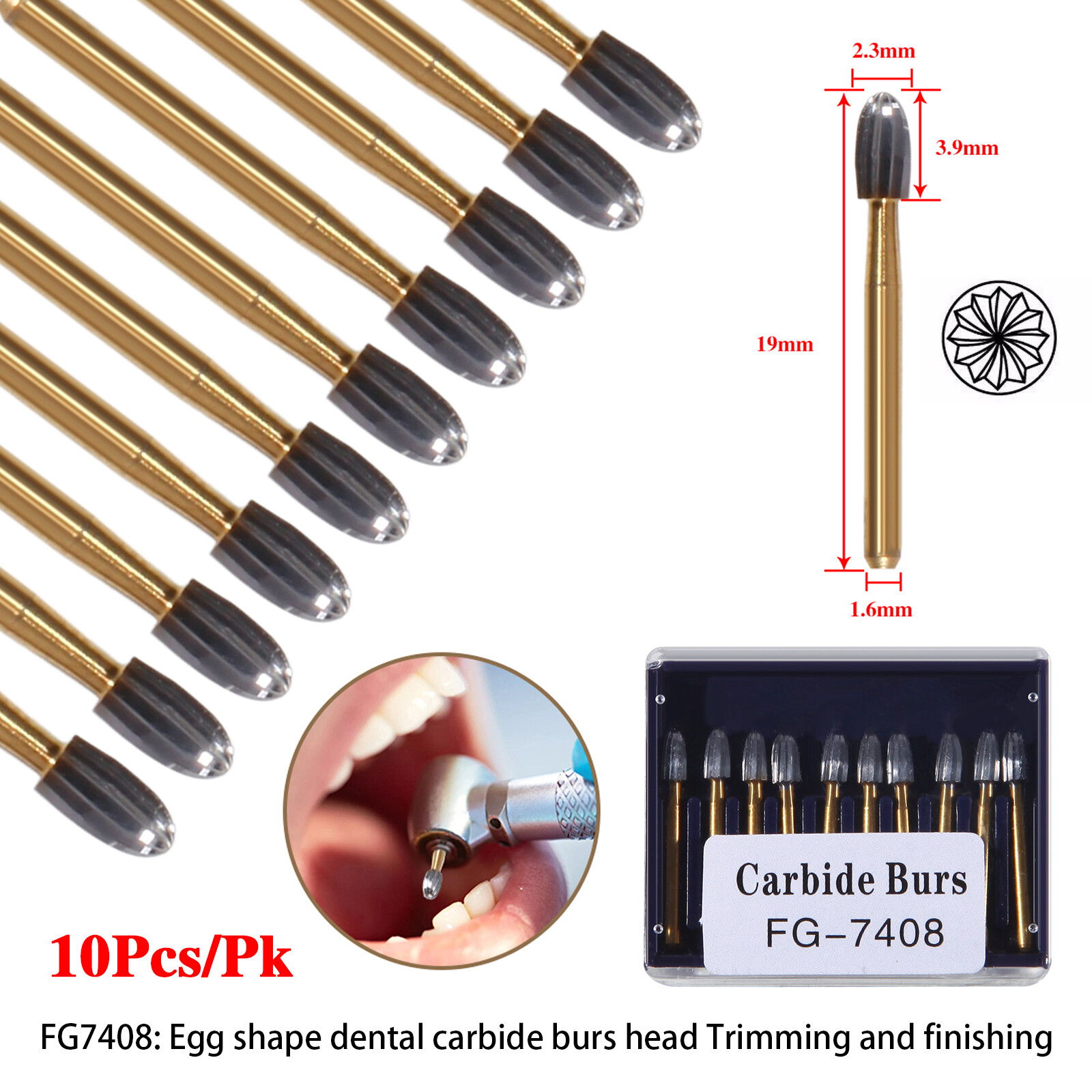 10 Pcs Dental Tungsten Carbide Burs Trimming & Finishing 7408 19mm Egg shape ns