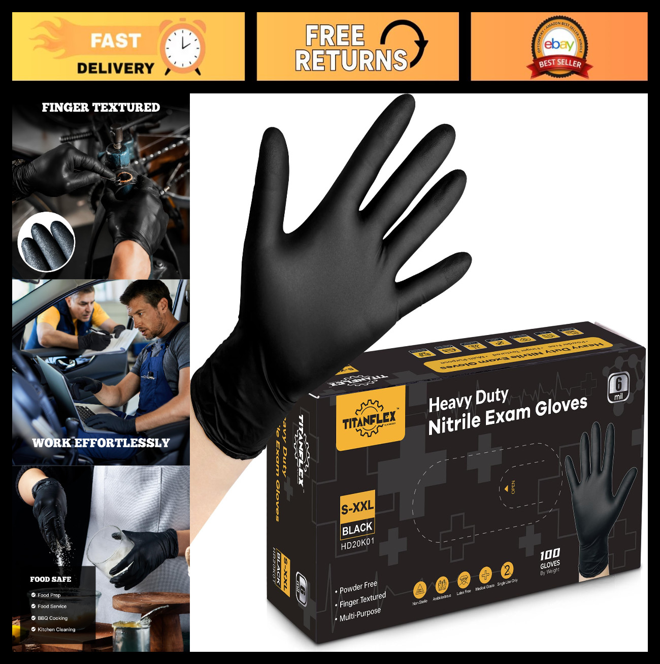 Heavy Duty Black Nitrile Exam Gloves, 6-mil, Latex Free, Food Safe for Cooking &