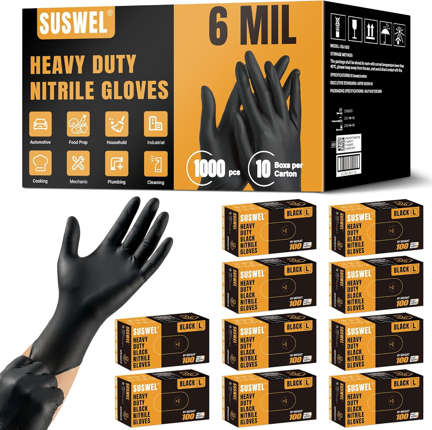 HEAVY DUTY 6 Mil Nitrile Gloves Disposable Latex Free Black Rubber Mechanic Hous