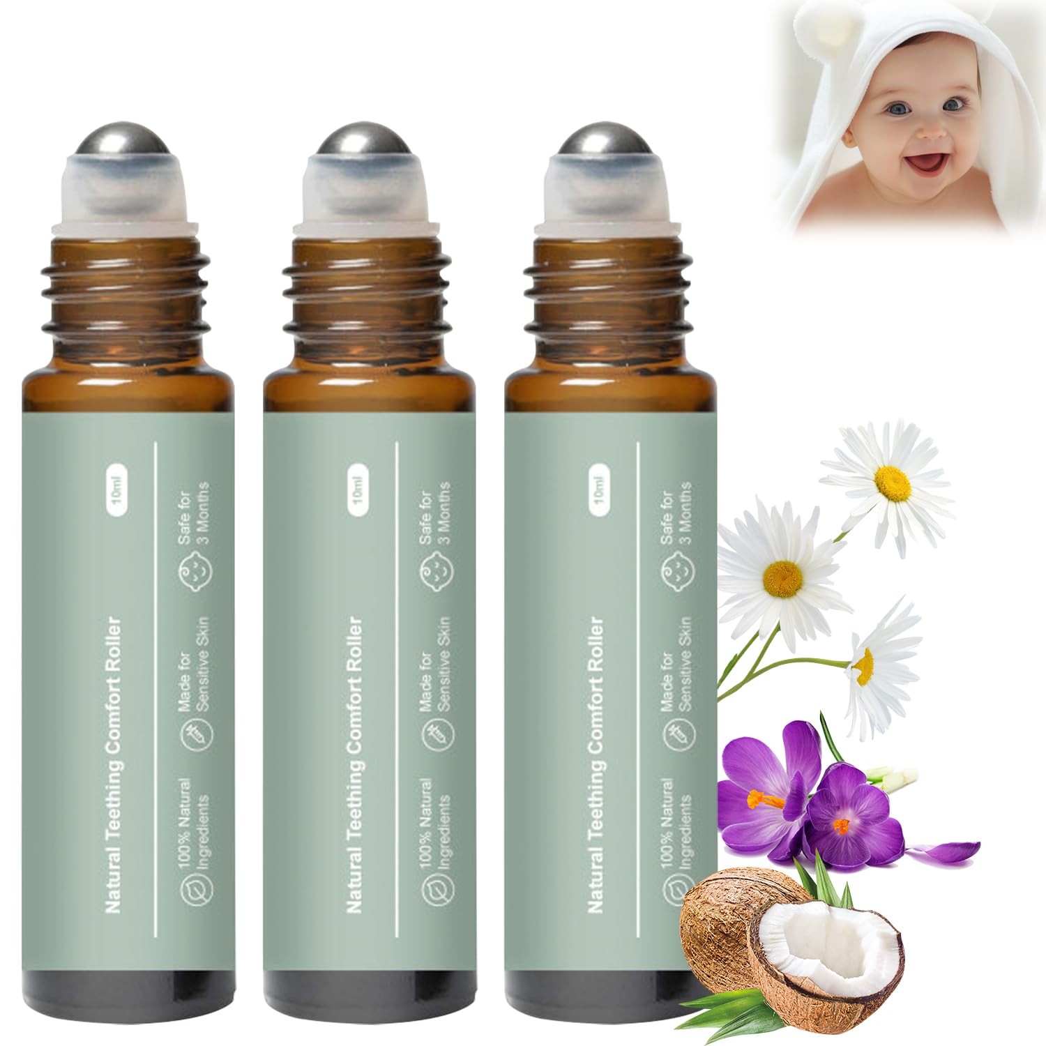 3Pcs Baby Teething Oil Roller,Natural Gentle Relief Beige