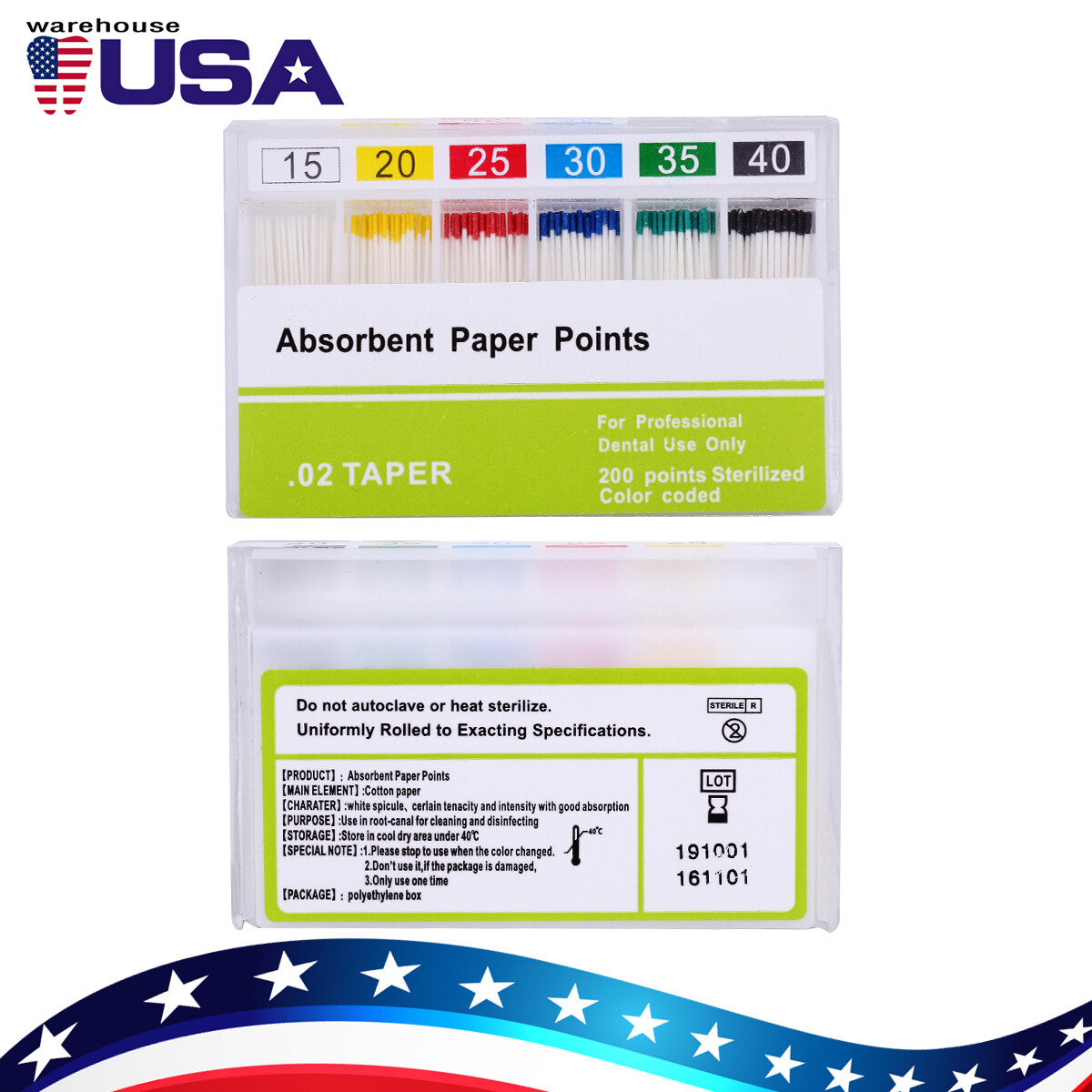 200pcs Dental Endodontic Absorbent Paper Points Endo Root Canal PP 0.02 15-40#